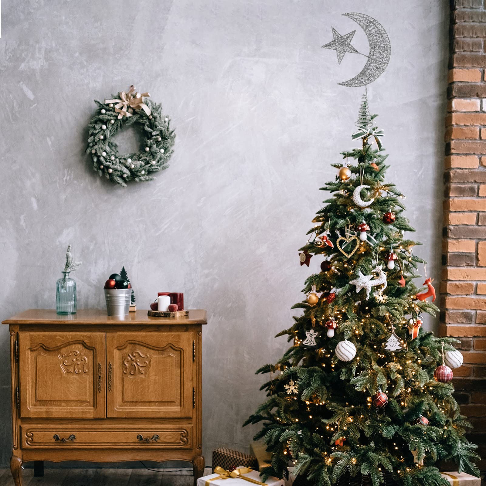 ABOOFAN Silver Christmas Star Tree Topper Glittering Tree Top Moon Glitter Tree Topper for Xmas Tree Decorations Holiday Seasonal Home Decor