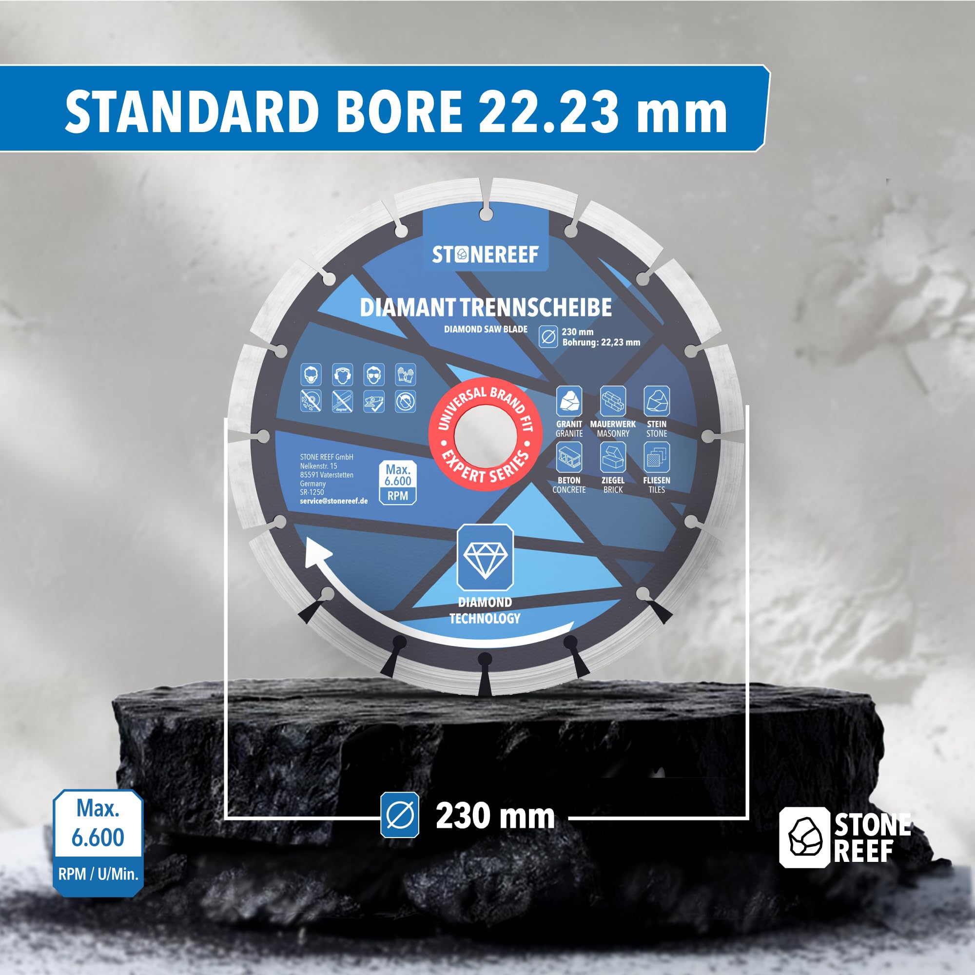 Diamentowa tarcza tnąca 230 mm x 22,23 mm – segmentowa tarcza diamentowa do betonu, granitu, kamienia i cegły – tarcza tnąca do szlifierek kątowych i szlifierek tnących – Ø 230 mm, jakość przemysłowa