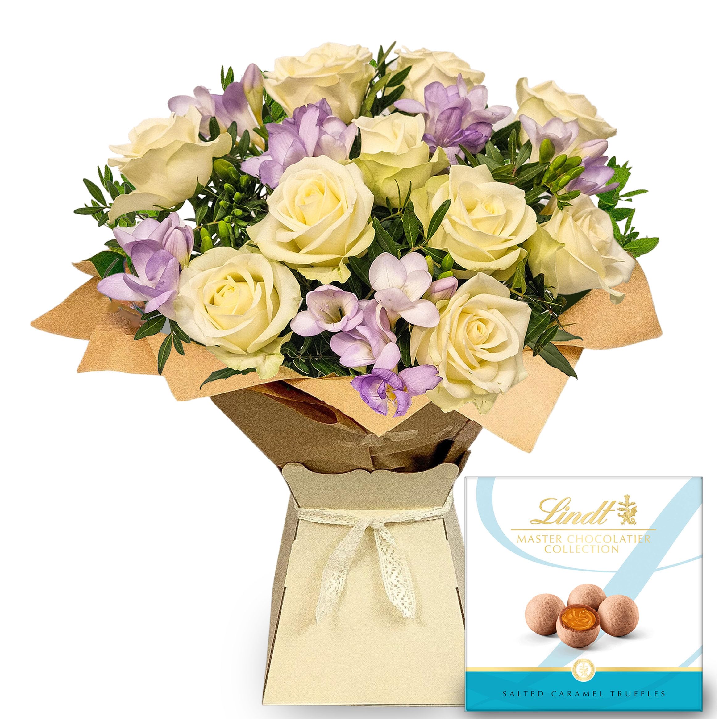 Rose & Freesia Flower Bouquet of Fresh Real Flowers Bouquet - White Roses, Lilac Freesia and Lush Foliage - Perfect for any Birthday, Anniversary, or say Thanks