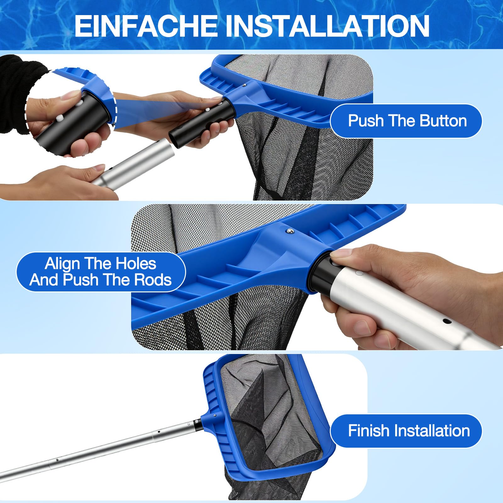 Set di Pulizia per Piscina 2-in-1, Retino per Piscina a Maglia Fine e Spazzola Robusta, Skimmer per Detriti e Spazzola per Pareti con Attacco Universale EZ-Clip, Ideale per Piscine, Whirlpool e Spa