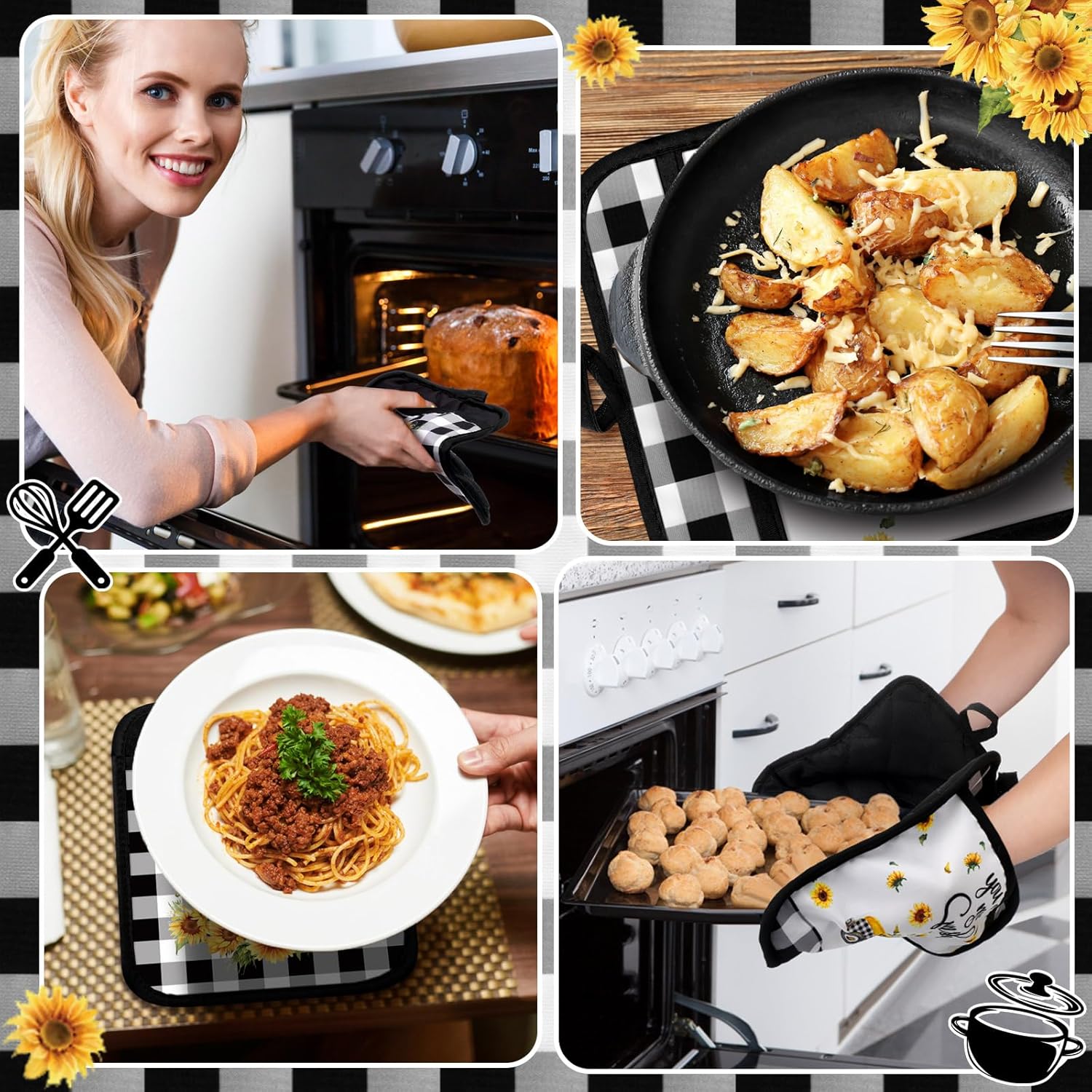 12 Pcs Sunflower Pot Holders with Pocket Teacher Appreciation Gift Bulk Summer Pot Holders Buffalo Plaid Hot Pads and Oven Mitts Gnomes Farmhouse Oven Gloves for Kitchen Baking Cooking Home - Image 5