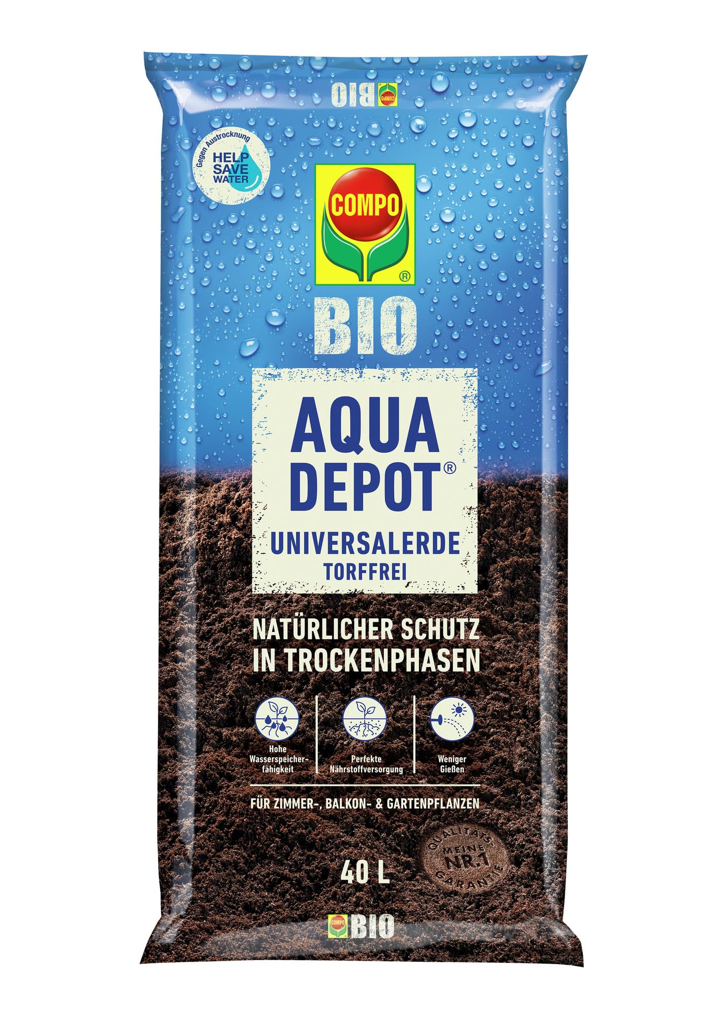 COMPO BIO AQUA-DEPOT Universalerde mit Wasserspeichergel – Universalerde,Torffrei, 40 L