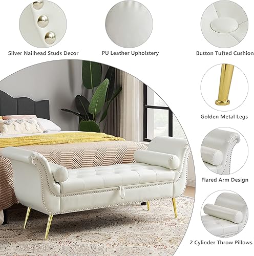 Miniatura 4 de Setawix Banco otomano de almacenamiento de piel sintética, banco de cama de 66.53 pulgadas, banco de cama con brazo enrollado copetudo con