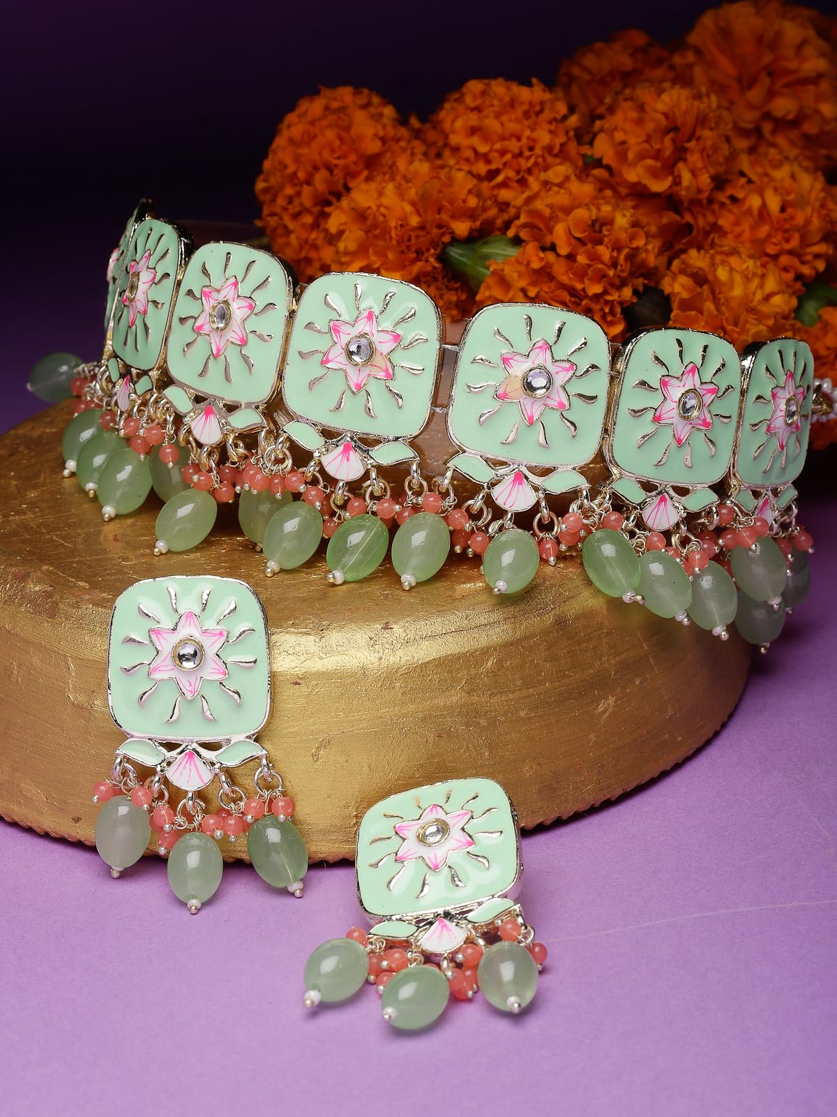 Square Mint Green Enamel Choker Set with Earrings