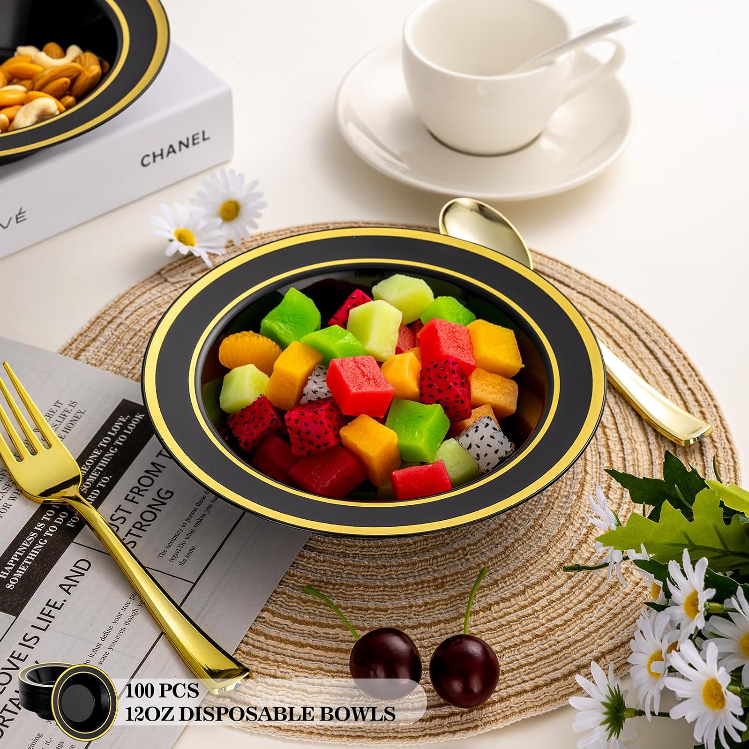 100 Pack Black Disposable Soup Bowls with Gold Rim,12oz Disposable Soup Bowls,Disposable Soup Dessert Salad Bowls for Wedding/Party/Catered Events