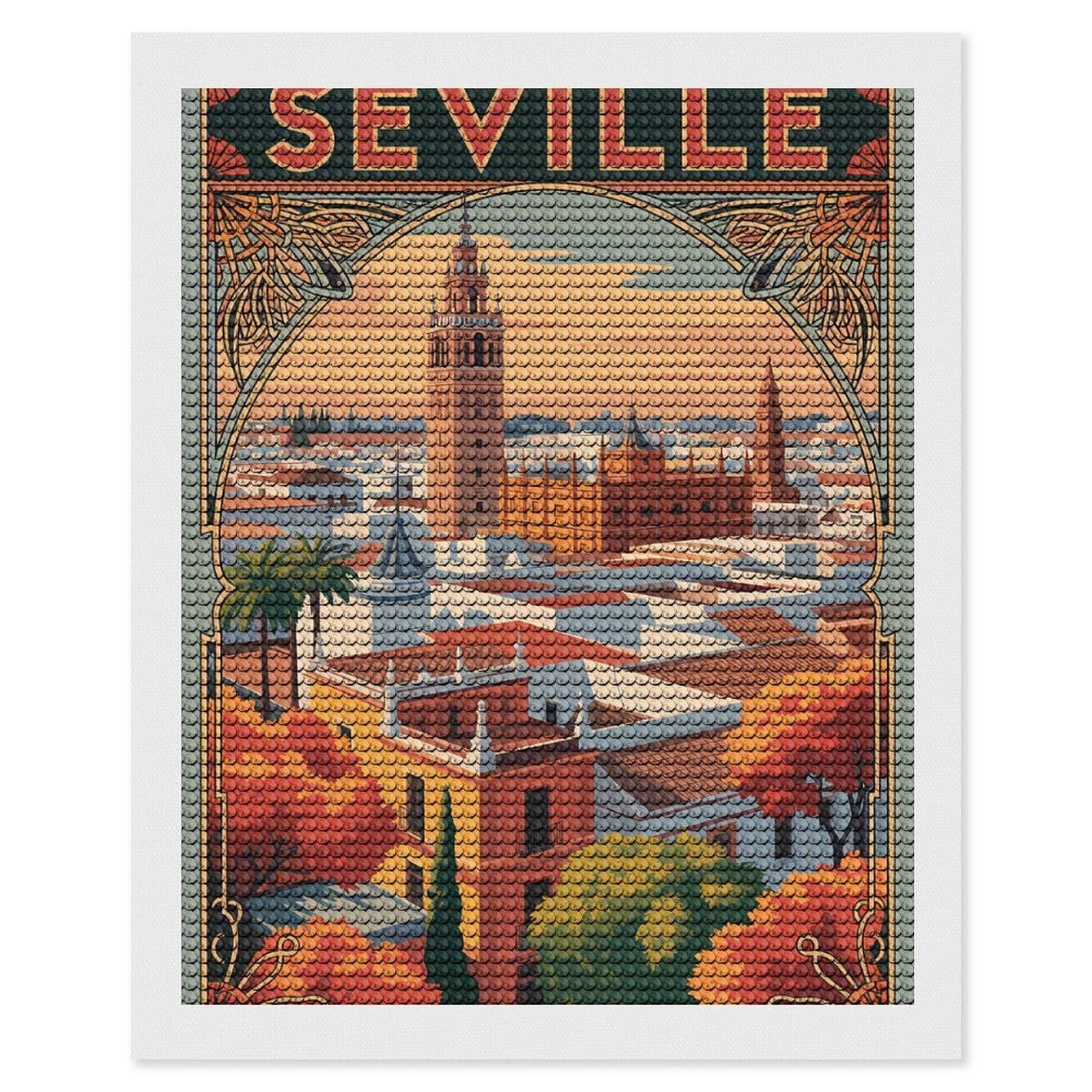 Junmoney Seville Cityscape Vintage Travel Full Drill Diamond Painting Kit 16"x20", for Teens, Adhesive Canvas, Bedroom Decor, Holiday Gift Idea