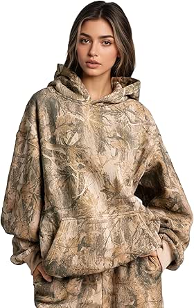 FrzhBrz Womens Camo Hoodies Maple Leaf Print Oversized Hooded Sweatshirt Casual Pullover