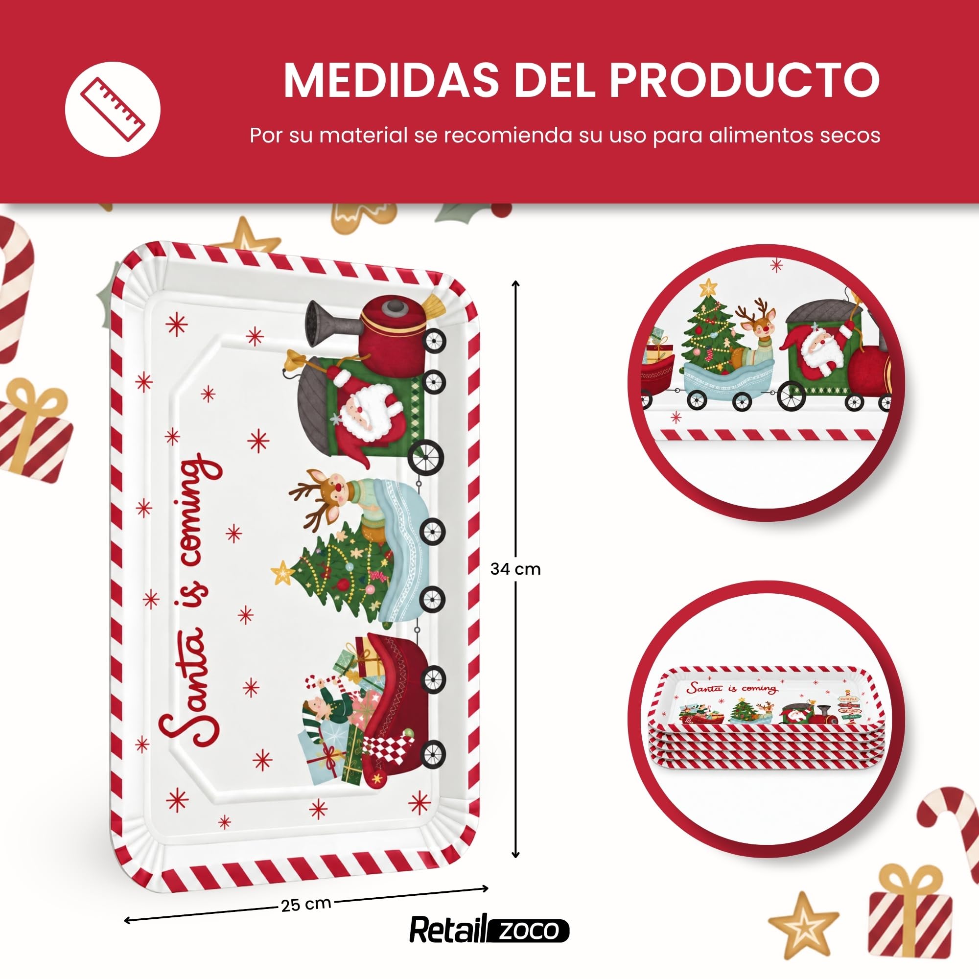 Bandejas de Cartón para Servir, Diseño Santa is Coming, 6 Unidades - imagen 4