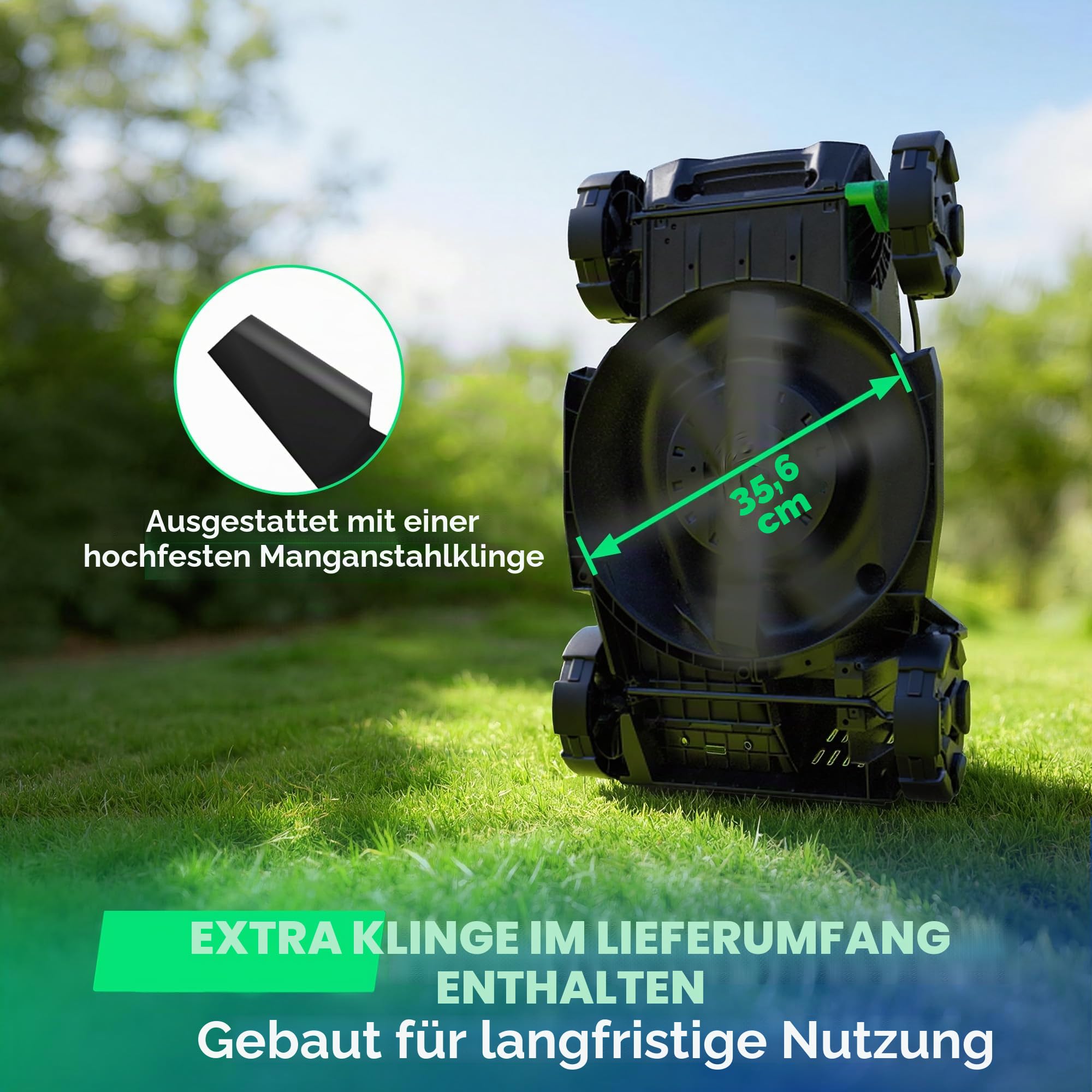 Akku-Rasenmäher für kleine Gärten, 33 cm Arbeitsbreite, bürstenloser Antrieb, 2-in-1 Mulchen & Fangen, mit 5,0 Ah Akkus für bis zu 300 m² pro Ladung, inkl. Typ-C-Ladekabel