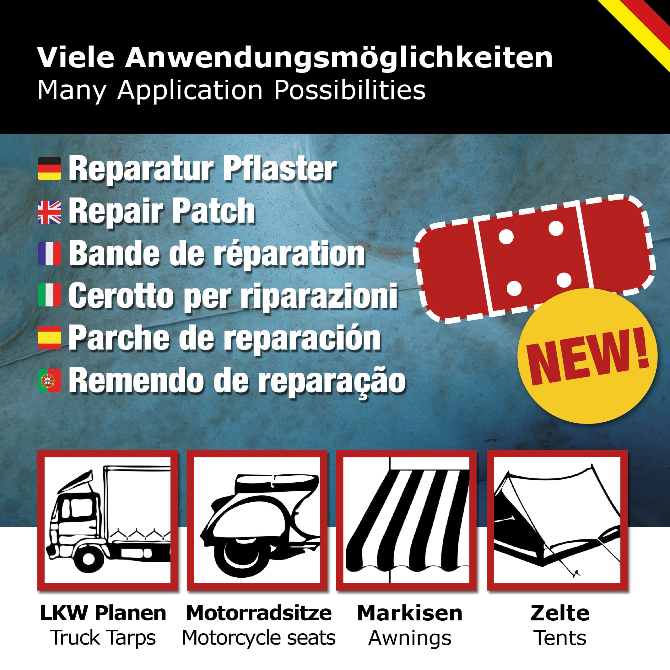 Generisch Planen-Reparatur-Set 31-teilig – Wasserdichte Reparatur-Pflaster in verschiedenen Größen selbstklebend für LKW-Plane, PVC-Plane, Markise, Zelt (RAL 5012 hellblau)