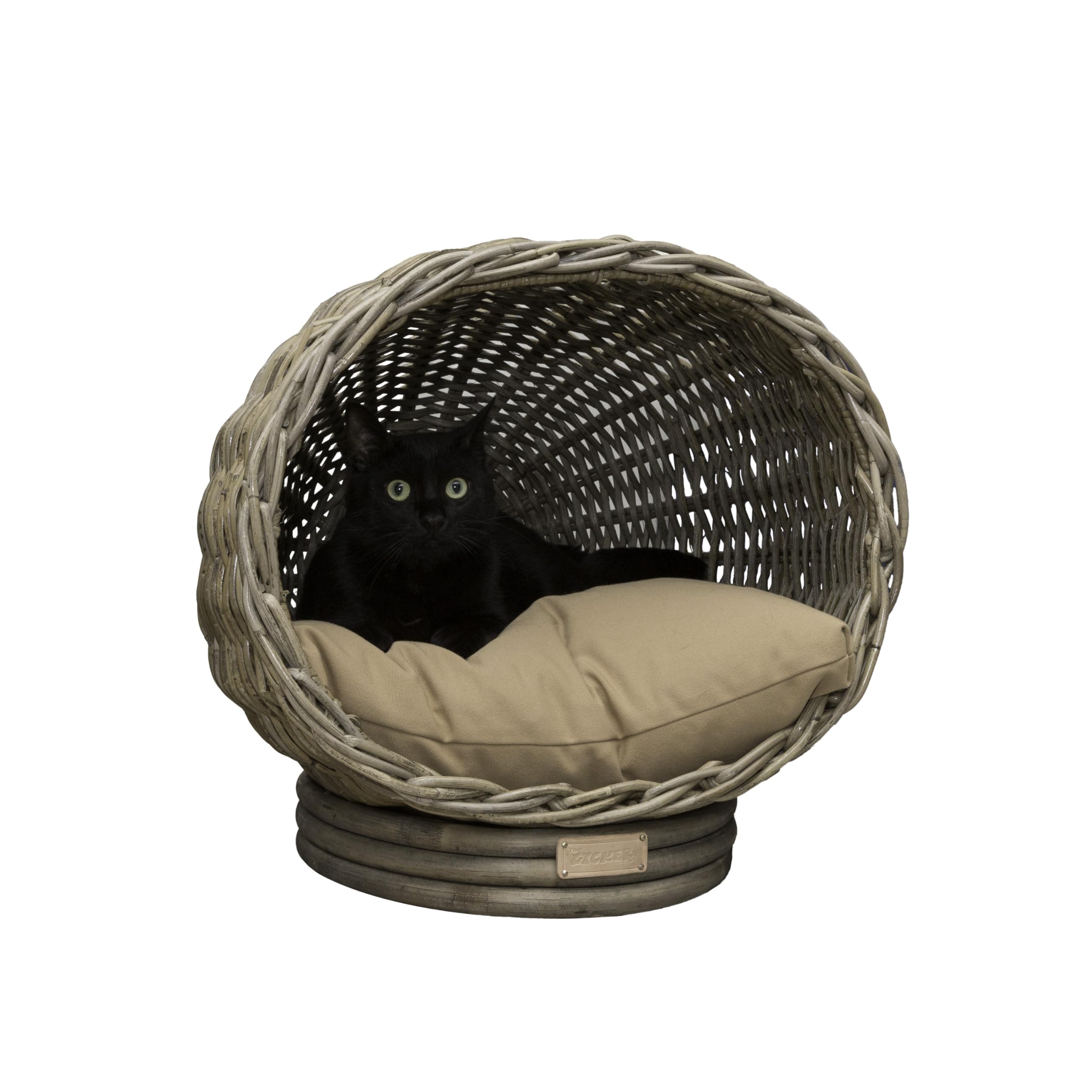 CBD1001A Socket Dome 19.5" x 17" Bohemian Handwoven Rattan Cat Bed with Machine-Washable Cushion, Kubu Gray