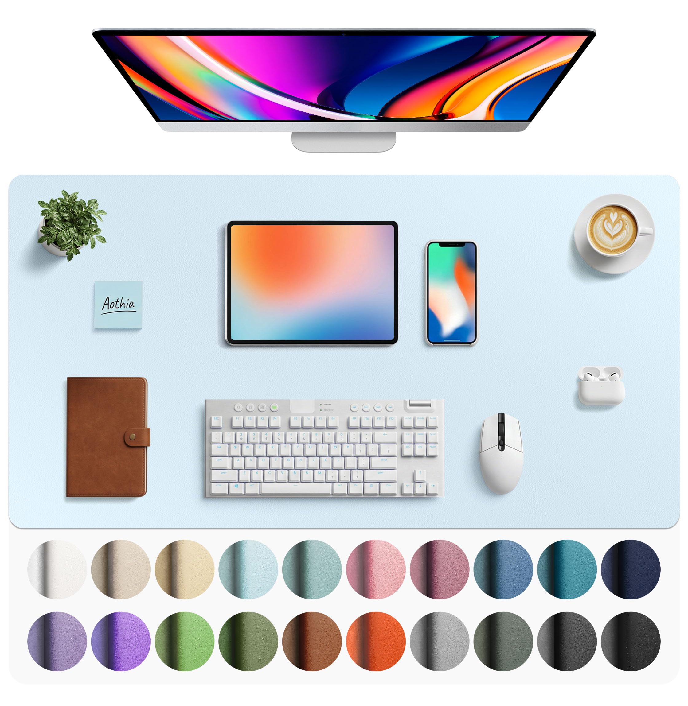 Aothia Faux Leather Desk Mat - Large Mouse Pad, Non-Slip PU Leather Blotter, Waterproof Writing Surface for Office and Home (Baby Blue, 40" x 24")