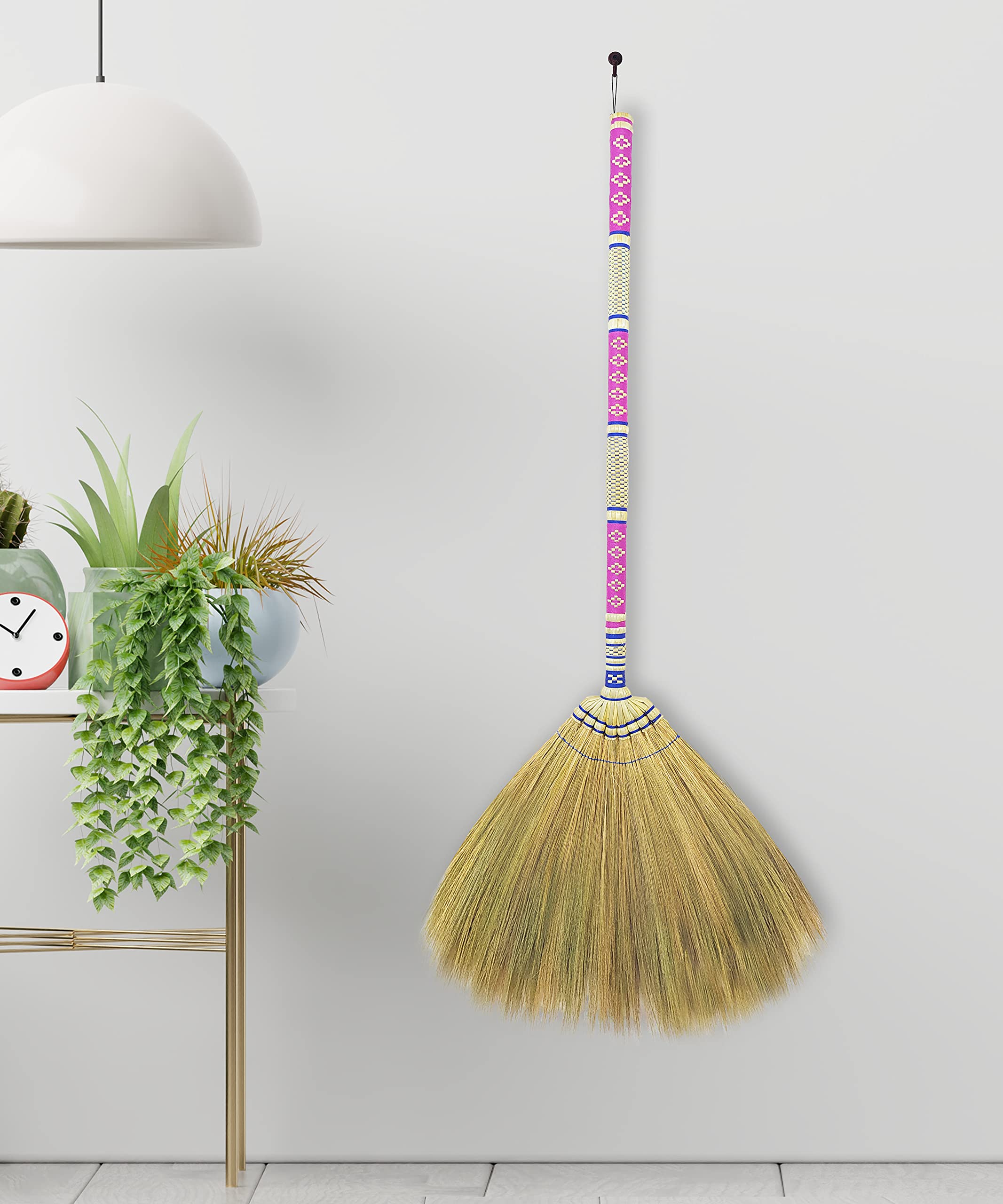 Balai asiatique de 101,6 cm pour sols carrelés, poils doux et long manche, design vintage pour nettoyage intérieur/extérieur, parfait pour la poussière et les débris, outil de balayage durable