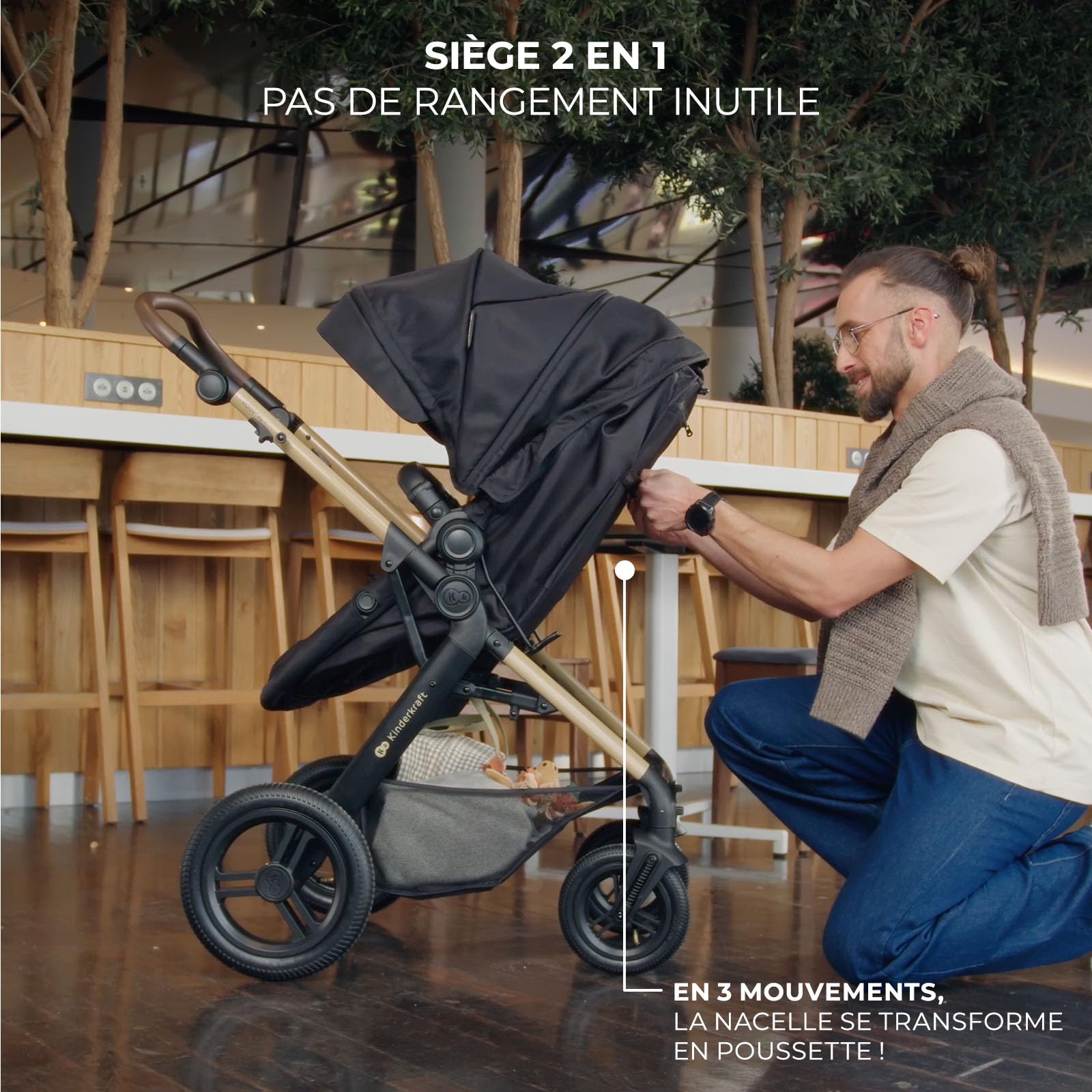 Kinderkraft MOOV XL 3 en 1, Poussette jusqu'à 27 kg, Landau, Avec siège I-SIZE 40-75 cm, Pliable, Absorption des chocs, Convertible, Nacelle XL, Avec accessoires, Noir