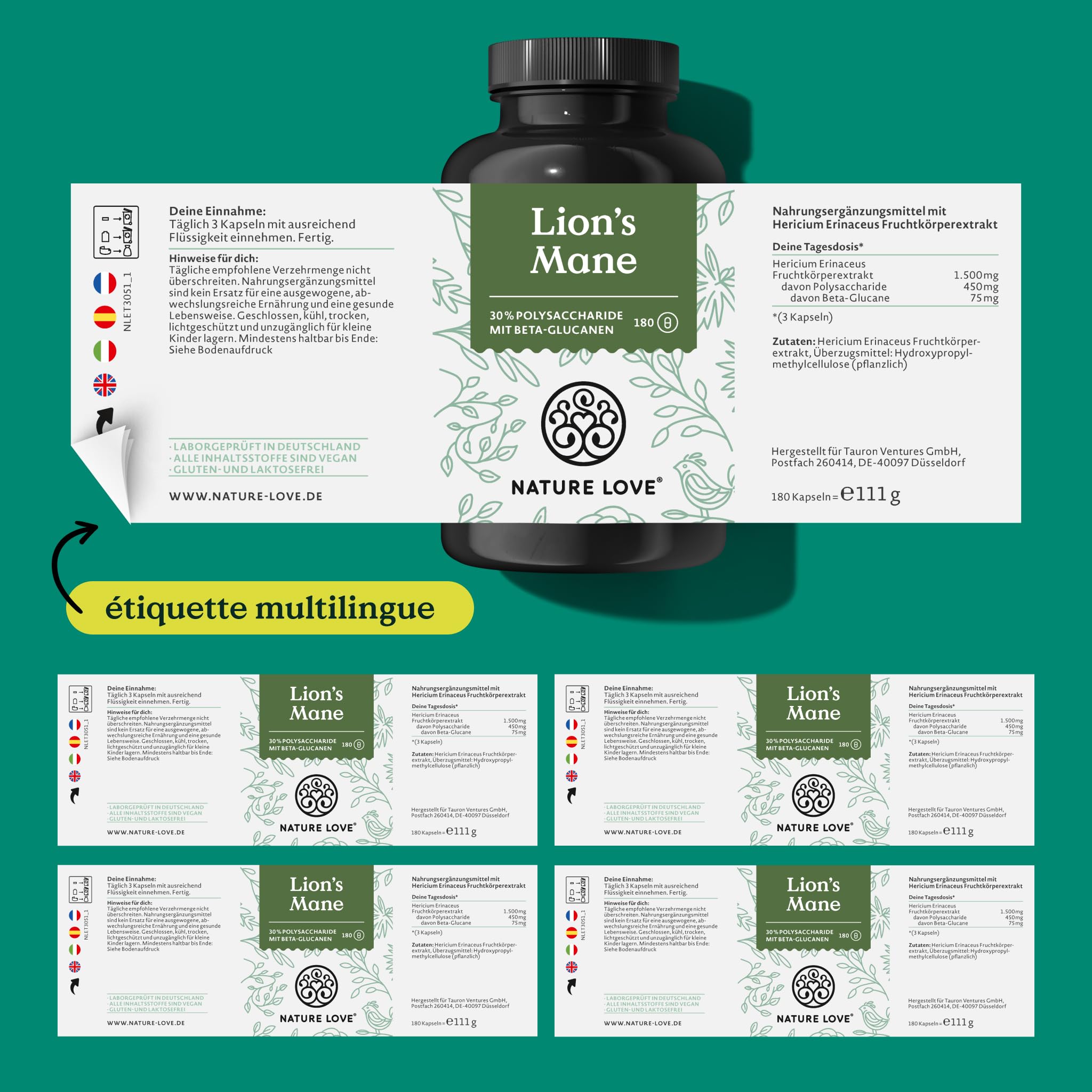 NATURE LOVE® Lions Mane - 180 gélules - hautement dosé, avec extrait 30:1 de 1500mg par dose journalière - 30% polysaccharides, 5% bêta-glucanes - Lion’s Mane - végane, testé en laboratoire