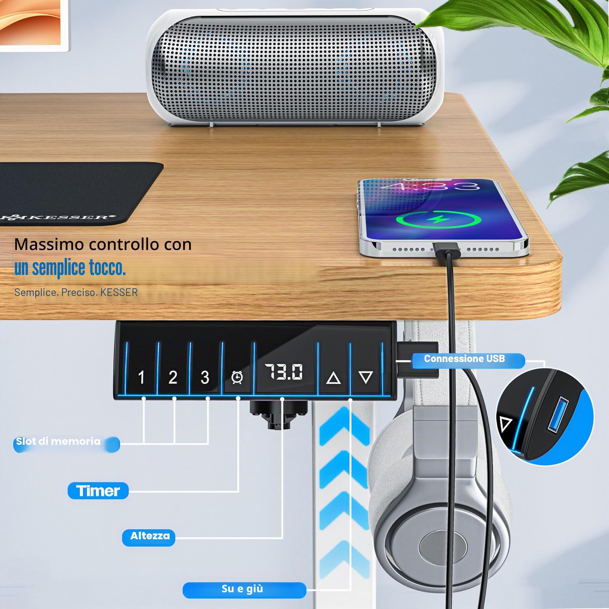KESSER® Scrivania elettrica regolabile in altezza, Scrivania ergonomica per postura eretta, Controllo di memoria a 3 funzioni, incl. Ruote a 360° e Porta di ricarica USB, 140x70 cm - Beige
