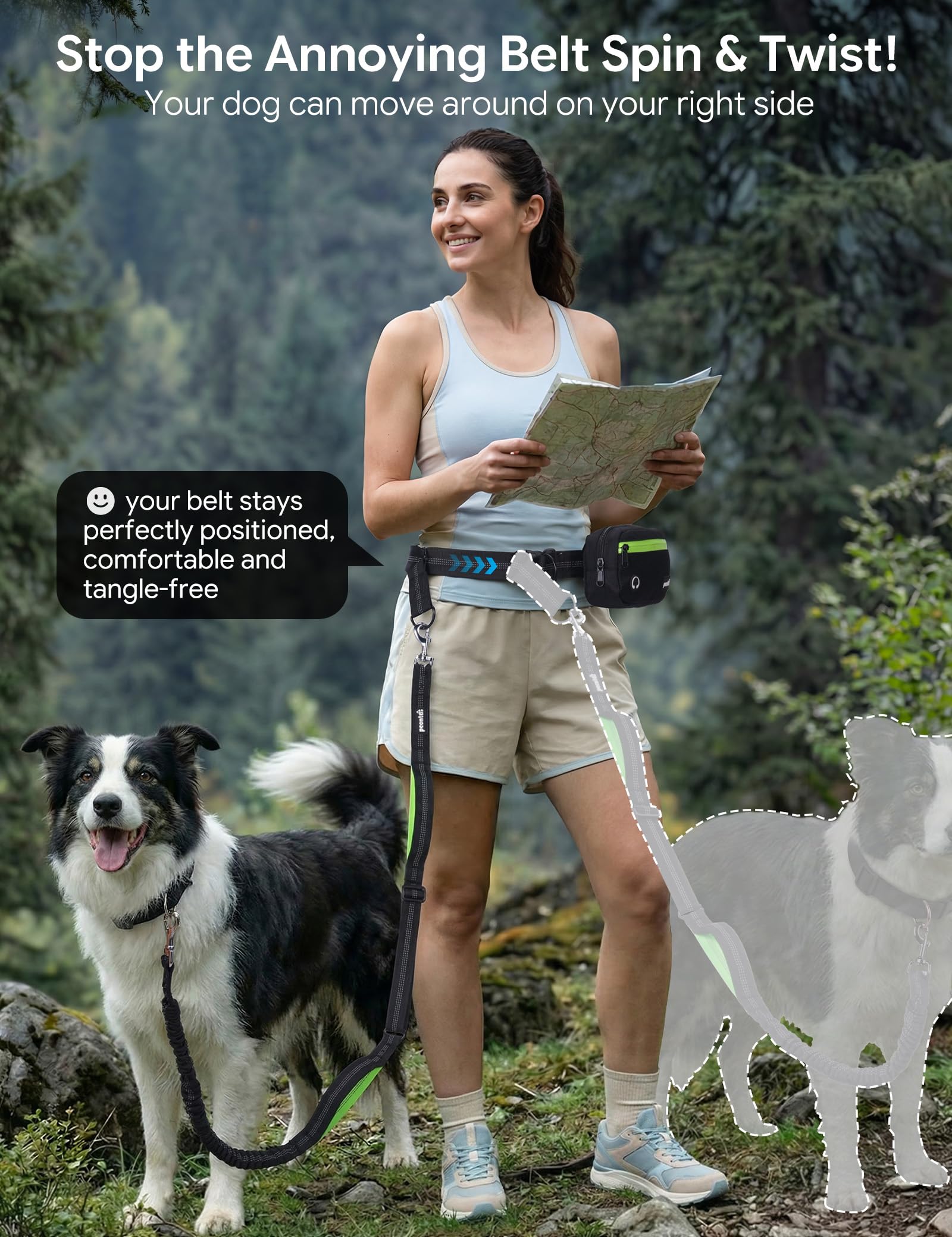 Pecute Laisse Main Libre Chien avec Sac Banane, Ceinture Canicross pour Course & Promenade, Harnais de Sécurité Amortisseur avec Poignées Réfléchissantes pour Chiens 15-55kg