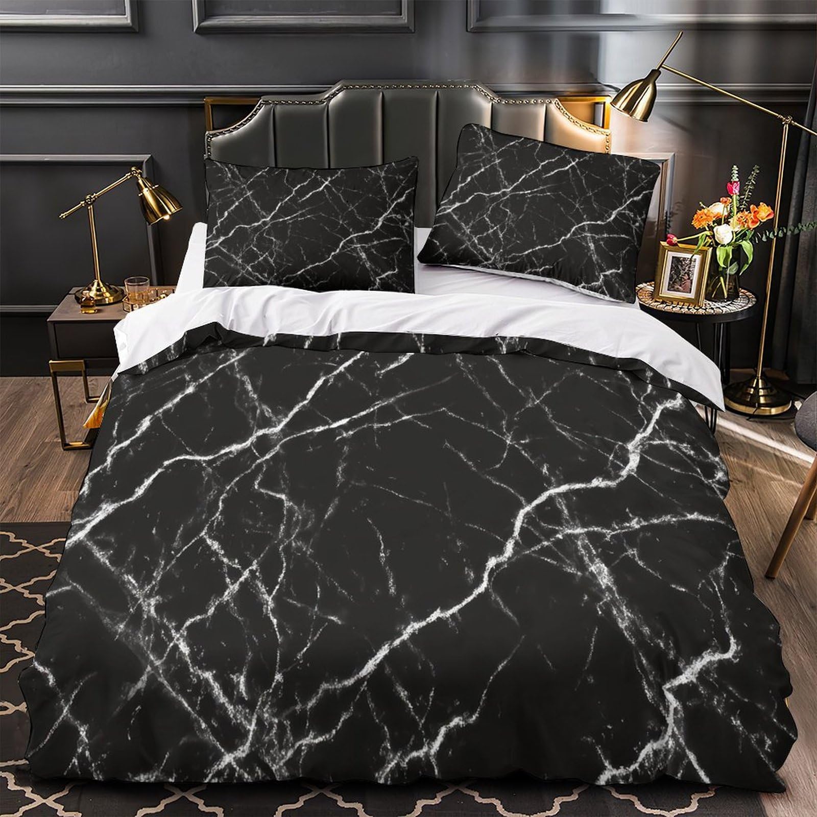 Parure de lit microfibre résistante housse de couette marbre noir 140x200