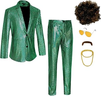 Mens 70s Disco Costume Shiny Metallic Sequin Suits Set Prom Party 2 Piece Outfits