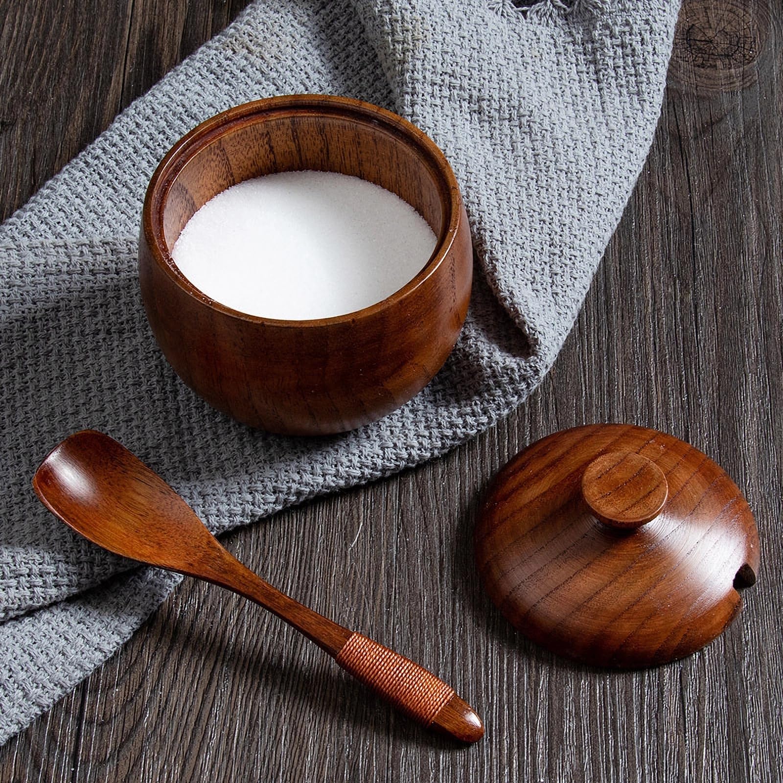 Walfront Holz Gewürztopf Set, 3 Holz Gewürzbehälter, Salzbehälter für Kaffee Zucker Gewürze Kräuter Küche Theken Salz