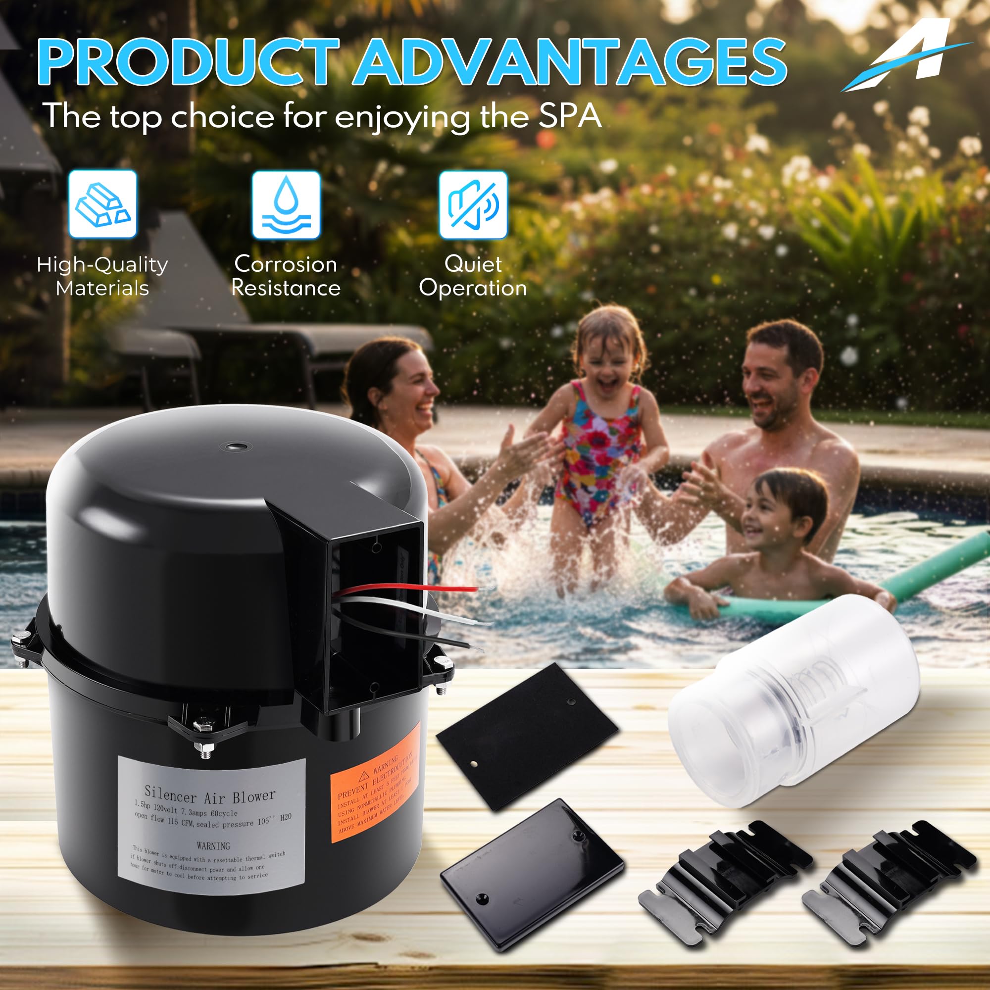 6315141 Soplador de spa silenciador de 1,5 HP para piscina y spas de 1,5 HP 120 V 7,3 A; para uso con fontanería de 2 pulgadas.