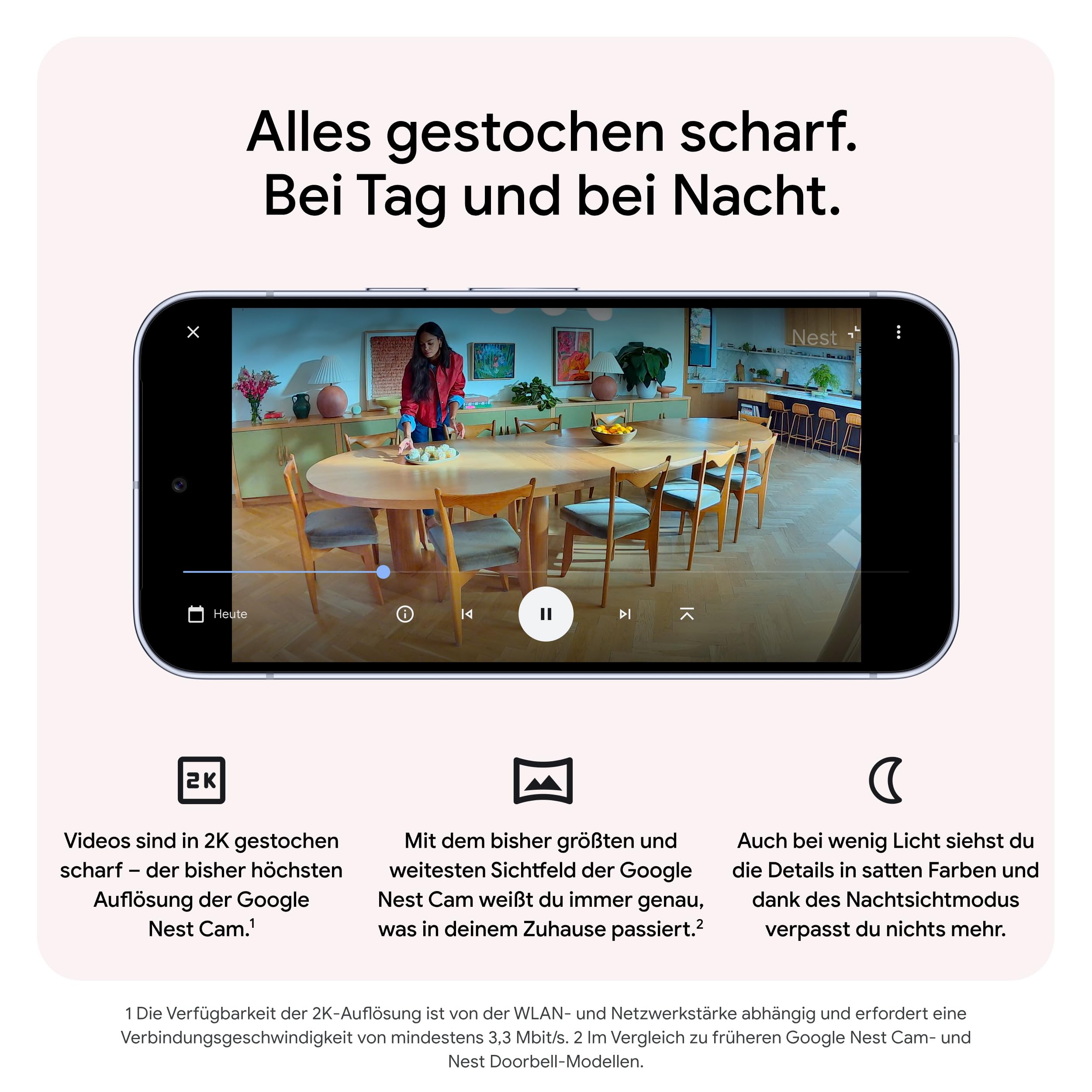 Google Nest Cam Indoor (mit Kabel, 3. Generation) – Sicherheitskamera für den Innenbereich mit 2K-Video – Funktioniert mit Google Home – Snow