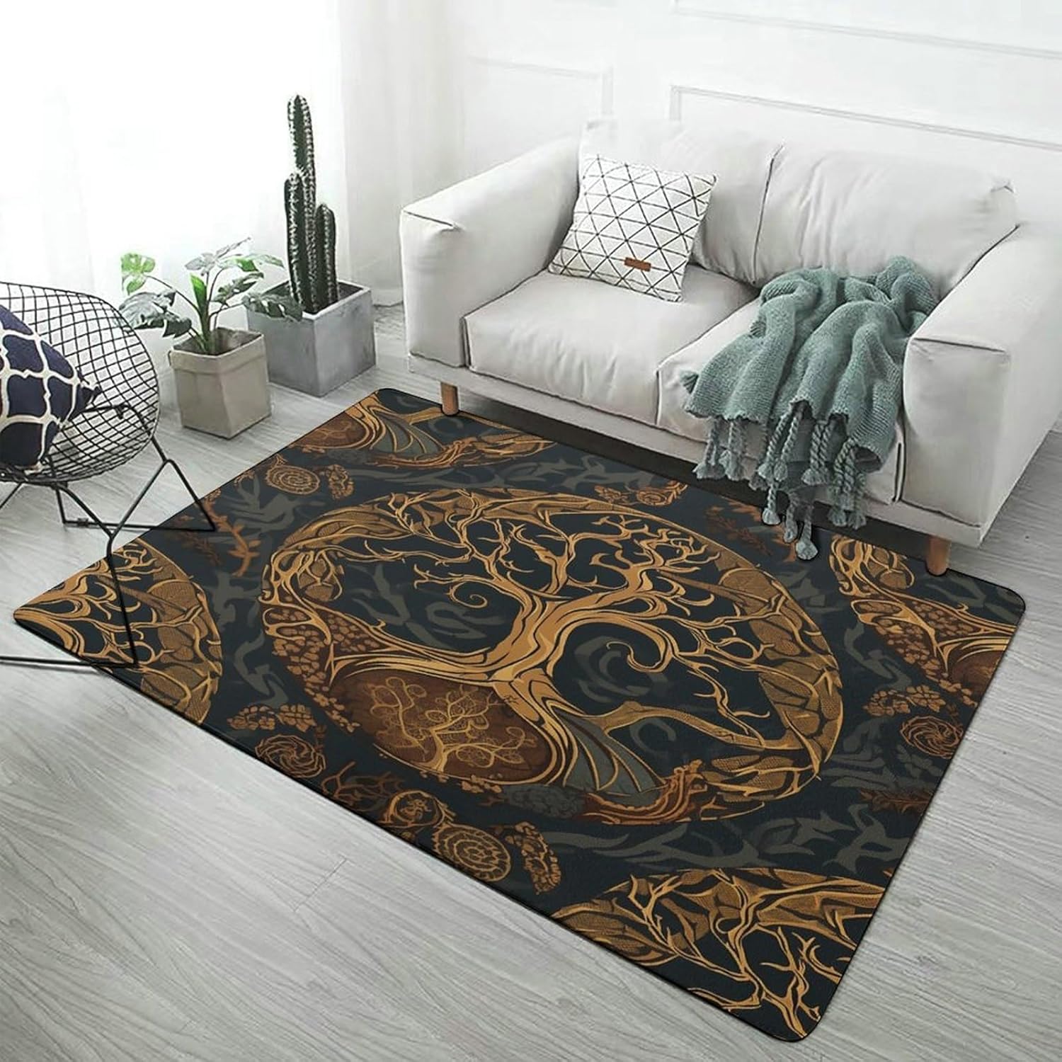 Runder Wikinger Teppich 120cm - Waschbarer Kurzflor Teppich Mit Baum Des Lebens Motiv