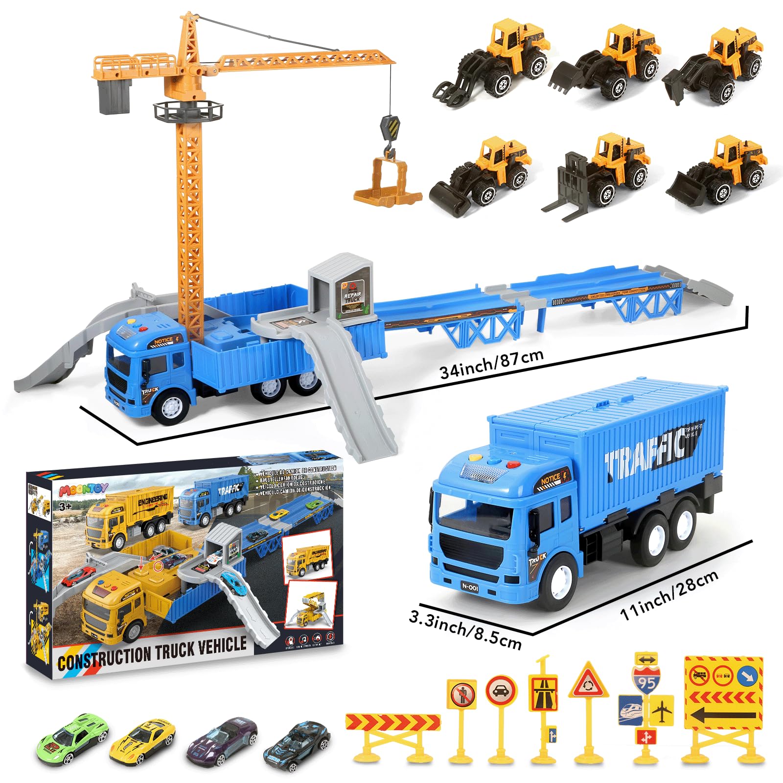 MOONTOY Jouets de Construction Enfants, Ensemble Camions de Chantier avec Piste Éjectante, Grue, Excavateur, Fourchonneuse, Bulldozer, Camion Benne, Cadeaux pour Garçons 3 4 5 6 Ans