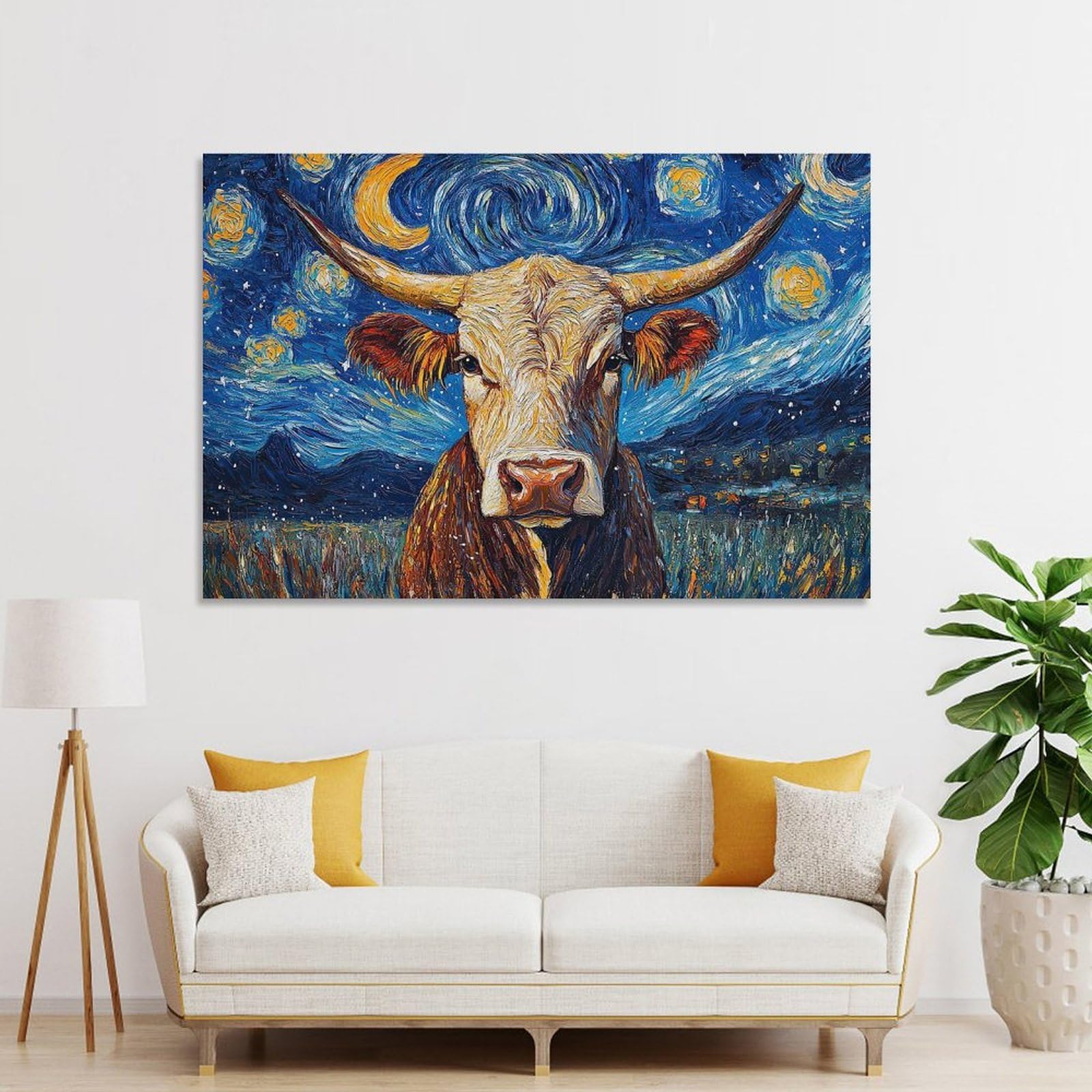 Junmoney Unframe-Style-20 Cow Under Starry Night Wall Art Print, 08X12inch(20X30cm), For Living Room, Bedroom, Office Or Hallway, A Flexible Wall Accent For Shared Spaces