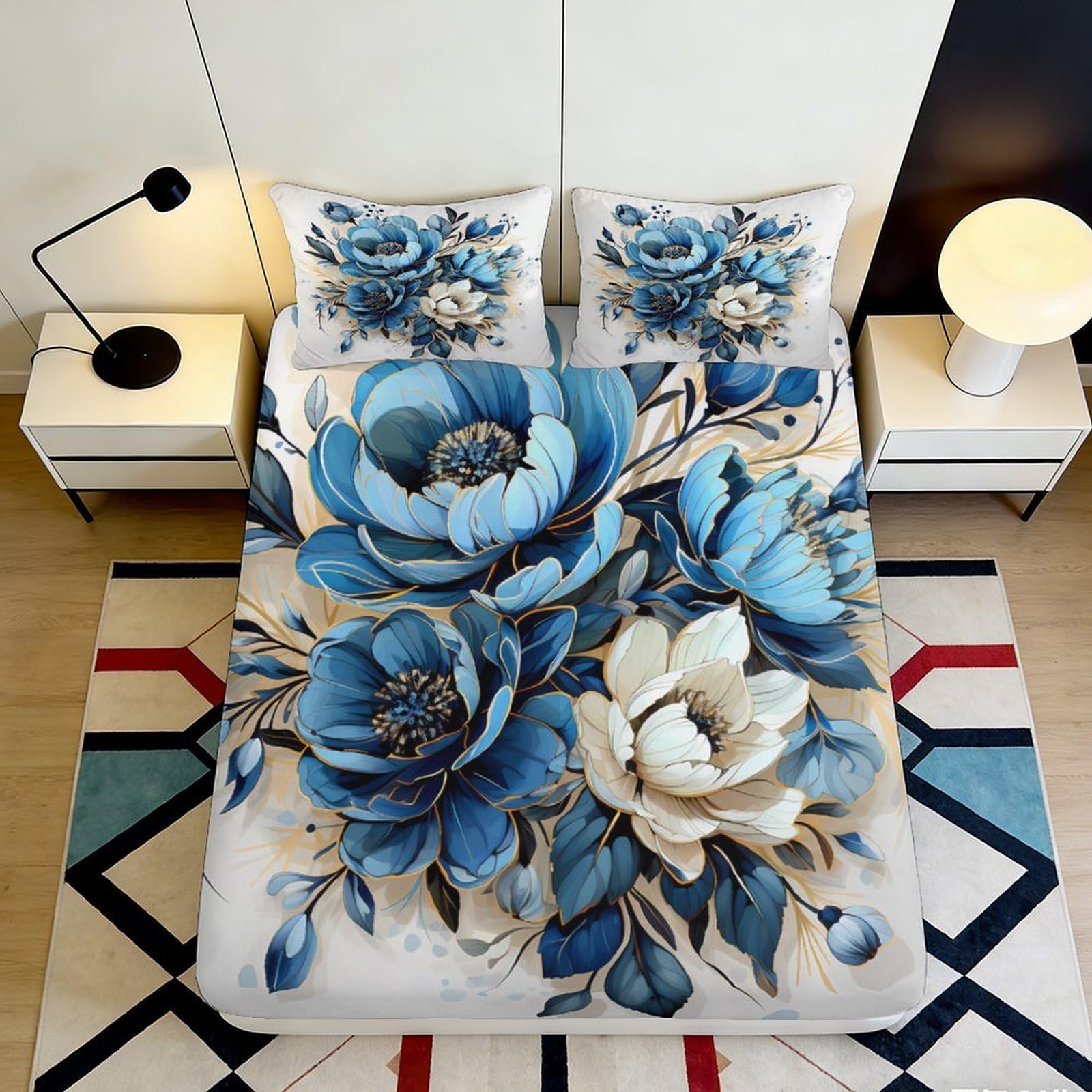 3D Printed Blue Peony Fitted Sheet Microfiber Floral Blossom Mattress Cover Anti-slip Washable for Bedroom Guestroom 90x200x25cm
