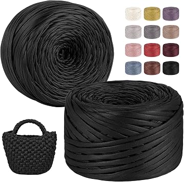 Tshirt Yarn for Crochet 2x200g/2x98yds Single-Side Faux Leather Looking Fabric, Soft Polyester Cloth Ribbon T Shirt Yarn for Crocheting Baskets Bags Rugs Home Decor DIY Crafts Black