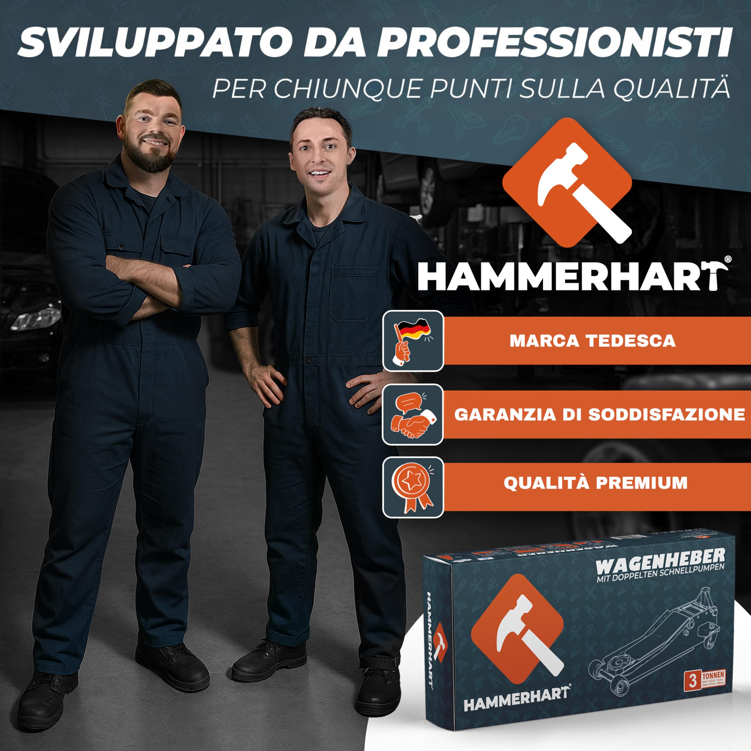 Cric per auto 3T | Sollevatore auto certificato TÜV con altezza di sollevamento di 75-505 mm | Cric idraulico premium con ruote a 360° e doppio pistone | Cric auto supporto in gomma e impugnatura a T
