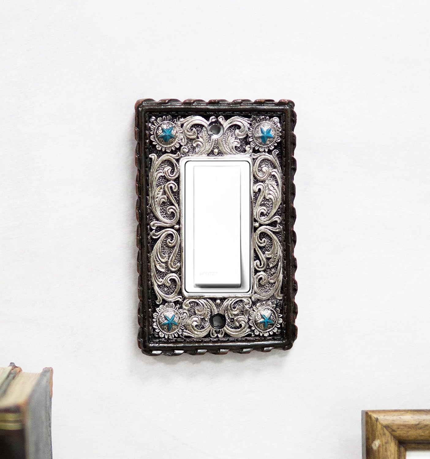 Ebros Set of 2 Novelty Rustic Country Western Tuscany Turquoise Stars On Silver Scroll Lace Resin Wall Electrical Switch Or Outlet Cover Plates (Double Toggle Switch)