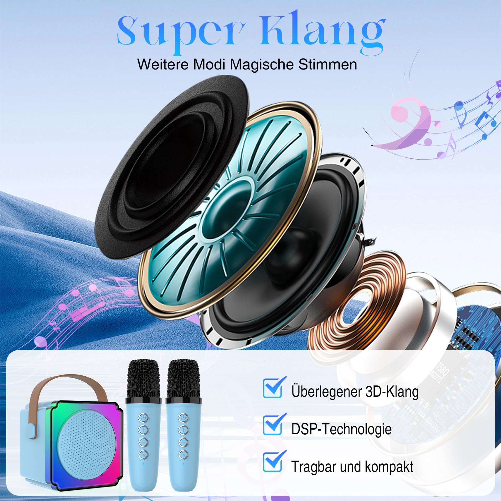 Karaoke Machine, Karaoke Machine 2 Wireless Microphones Portable Bluetooth Karaoke Machine Kids with Voice Changer Effects and LED Lights Karaoke for Kids Adult Girls Boys (Blue) - Image 2