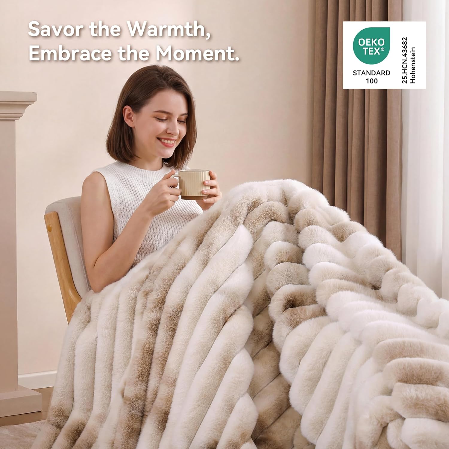 Smoofy Fluffy Faux Fur Throw Blanket - Super Soft Thick Plush Cozy Fuzzy Rabbit Fur, Luxury Warm Fleece Minky Stripe Blanket for Couch, Sofa, Room Decor Gift for Women, Tie Dye Brown Throw, 50x60