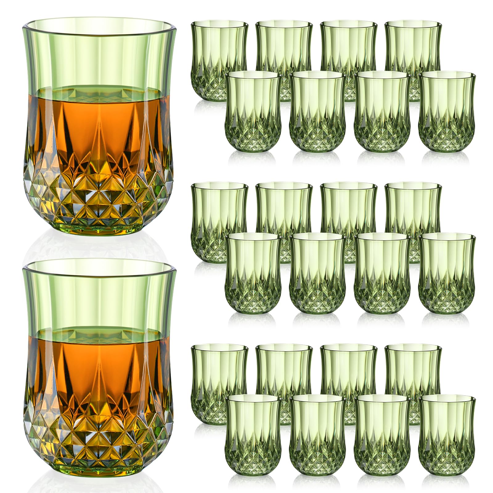Photo 1 of 24 PCS 3 oz Mini Vintage Shot Glasses Green Plastic Crystal Tequila Glasses Vodka Glass Set Small Whiskey Glasses Espresso Shot Cups Clear Disposable Liquor Cups for Party Engagement Wedding Birthday