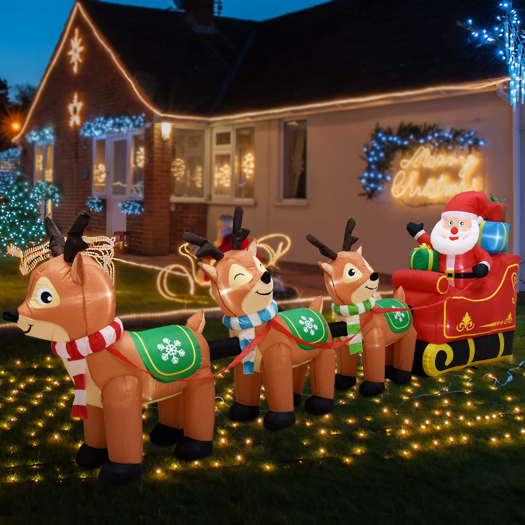 EAONE 12 Ft Christmas Inflatables Outdoor Decorations Giant Blow Up Yard Decorations Inflatable Santa Claus on Sleigh and 3 Reindeer, with Built-in LED Lights for Indoor Outdoor Home Holiday Decor