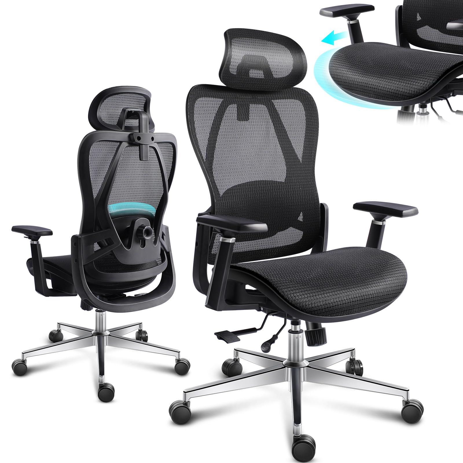 Ergonomiczne Krzesło Biurowe z Podłokietnikami 3D, Regulacją Głębokości Siedzenia i Wsparciem Lędźwi, Obrotowe Krzesło Komputerowe do Biura i Domu, Czarny