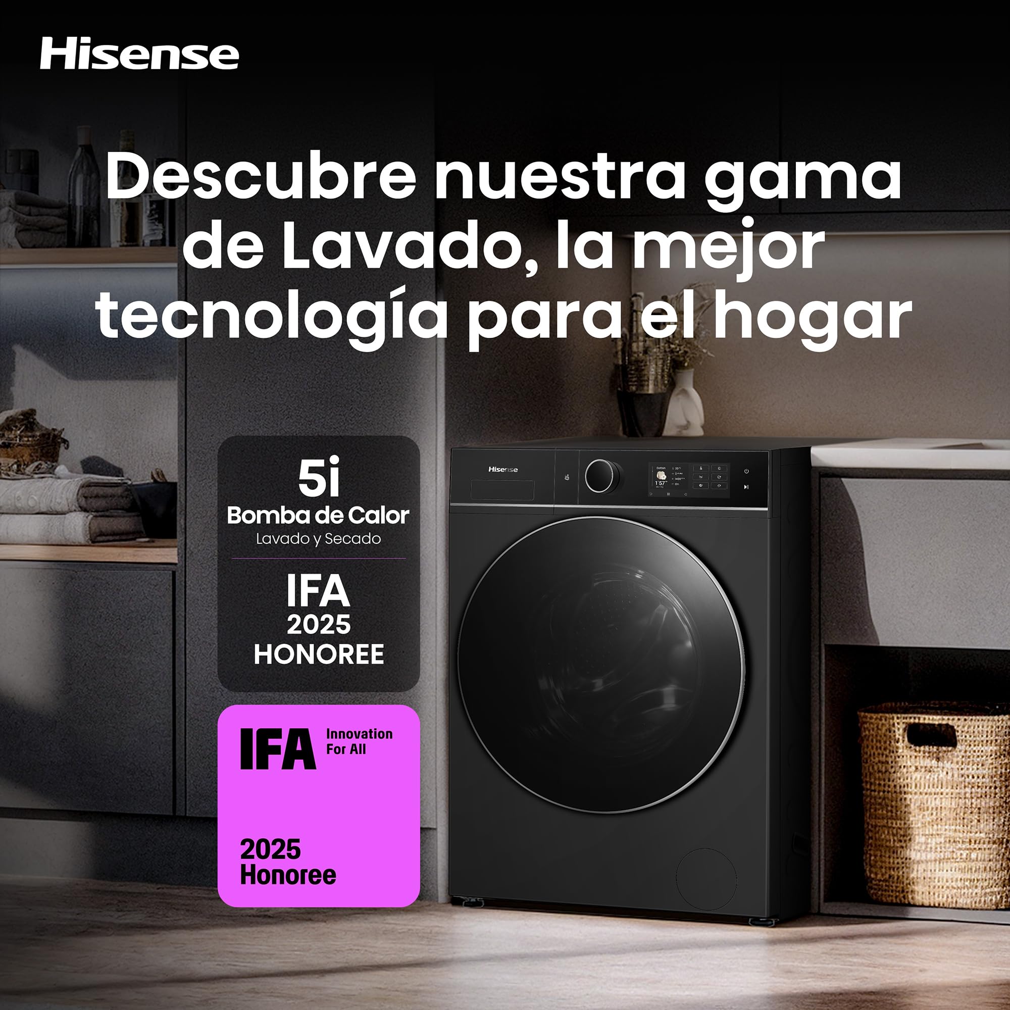 Hisense WD5I1245BBRH - Lavasecadora 12 kg/8 kg, Clase A, Fondo 60cm, 1400 rpm, Máxima Eficiencia AAAA, Bomba de Calor, Lavado y Secado Super, Filtro Optimizado, Lavado y Secado 49', iFit™, Negro