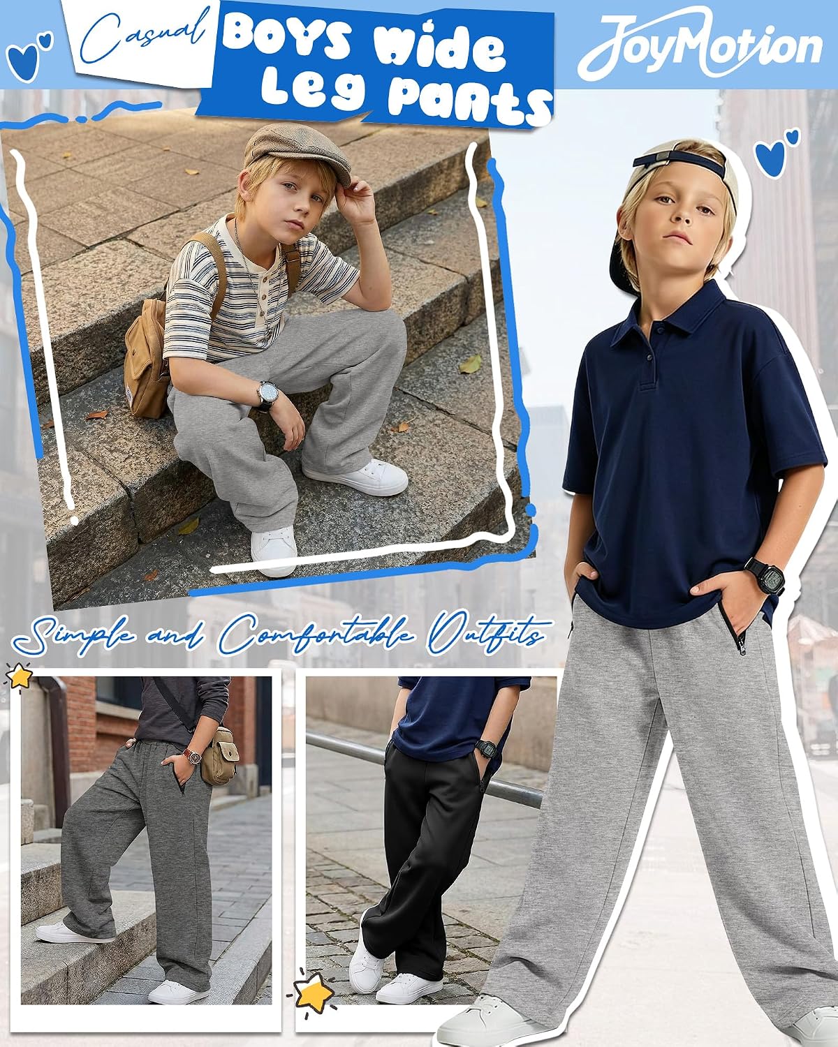 3 Pack Boys Sweatpants Wide Leg Baggy Pants Open Bottom Athletic Kids Teen Joggers with Zipper Pockets Size 5-14