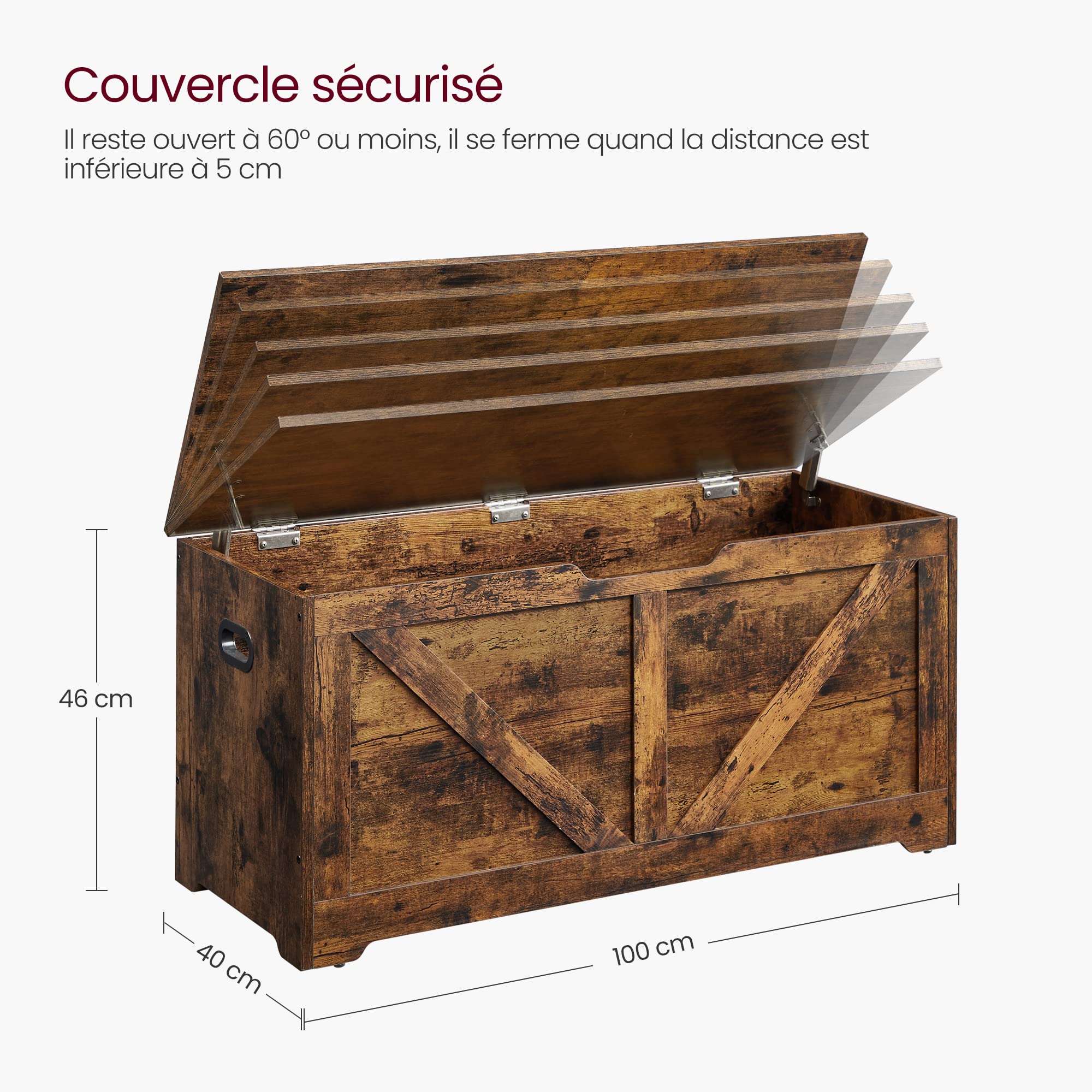 VASAGLE Coffre de Rangement, Banc Chaussures, Meuble Entrée, avec 2 Charnières de Sécurité, Imitation Grange, 40 x 100 x 46 cm, pour Couloir, Chambre, Salon, Marron Rustique LSB060T01