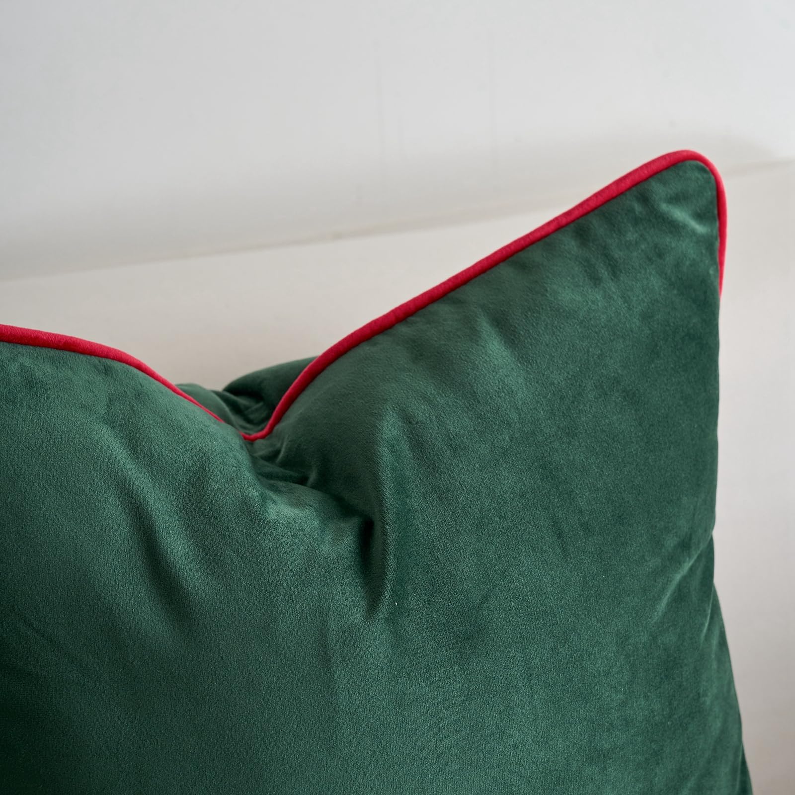 LIGICKY Set of 2 Dark Green Velvet Lumbar Pillow Covers Modern Minimalist Style Solid Decorative Red Rope Edging Soft Rectangle Cushion Cases for Sofa Bedroom Party Christmas Décor - Image 4