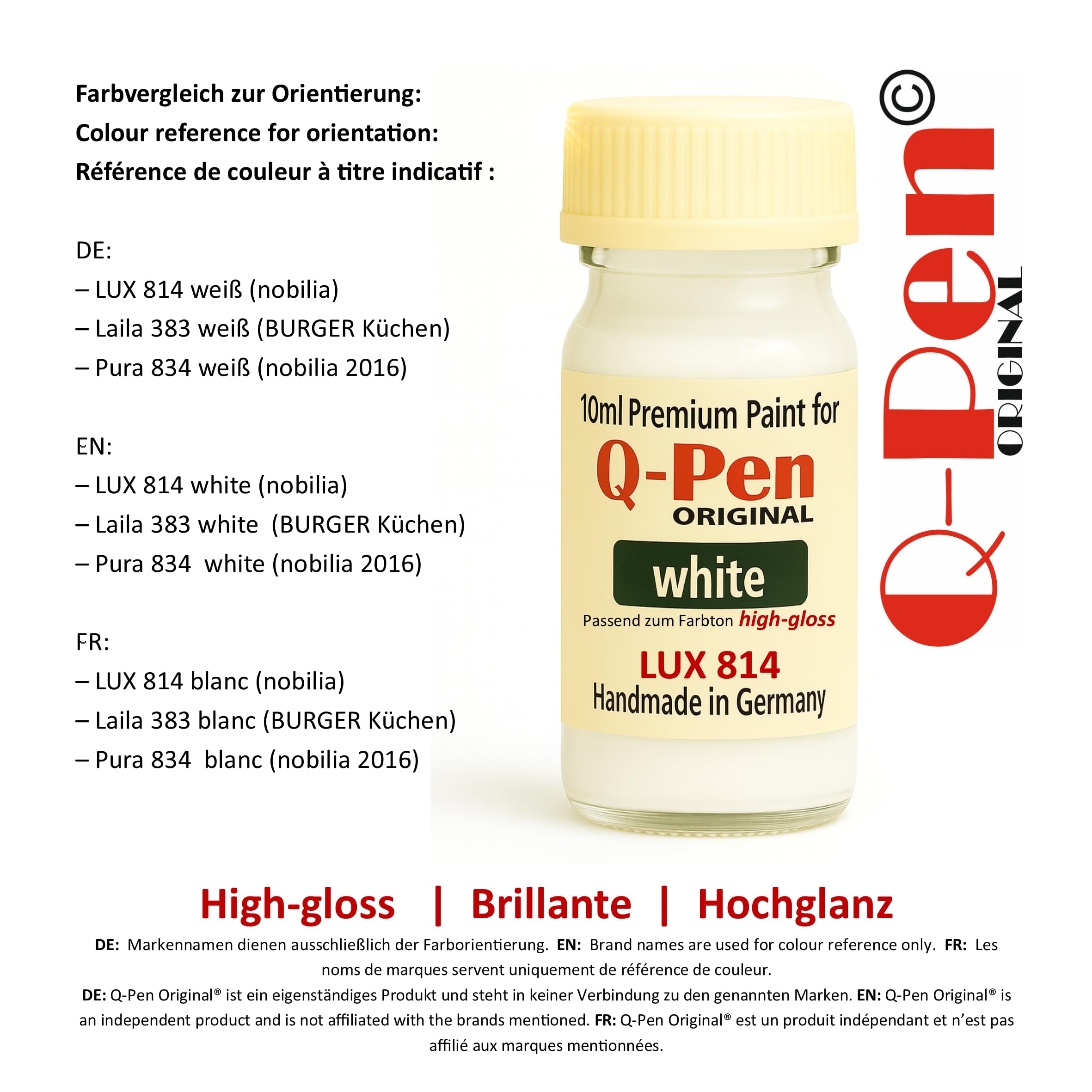 LUX 814 Weiss Hochglanz - Farbanmutung LACKSTIFT – Premium Möbelretusche – 10 ML – Handmade in Germany