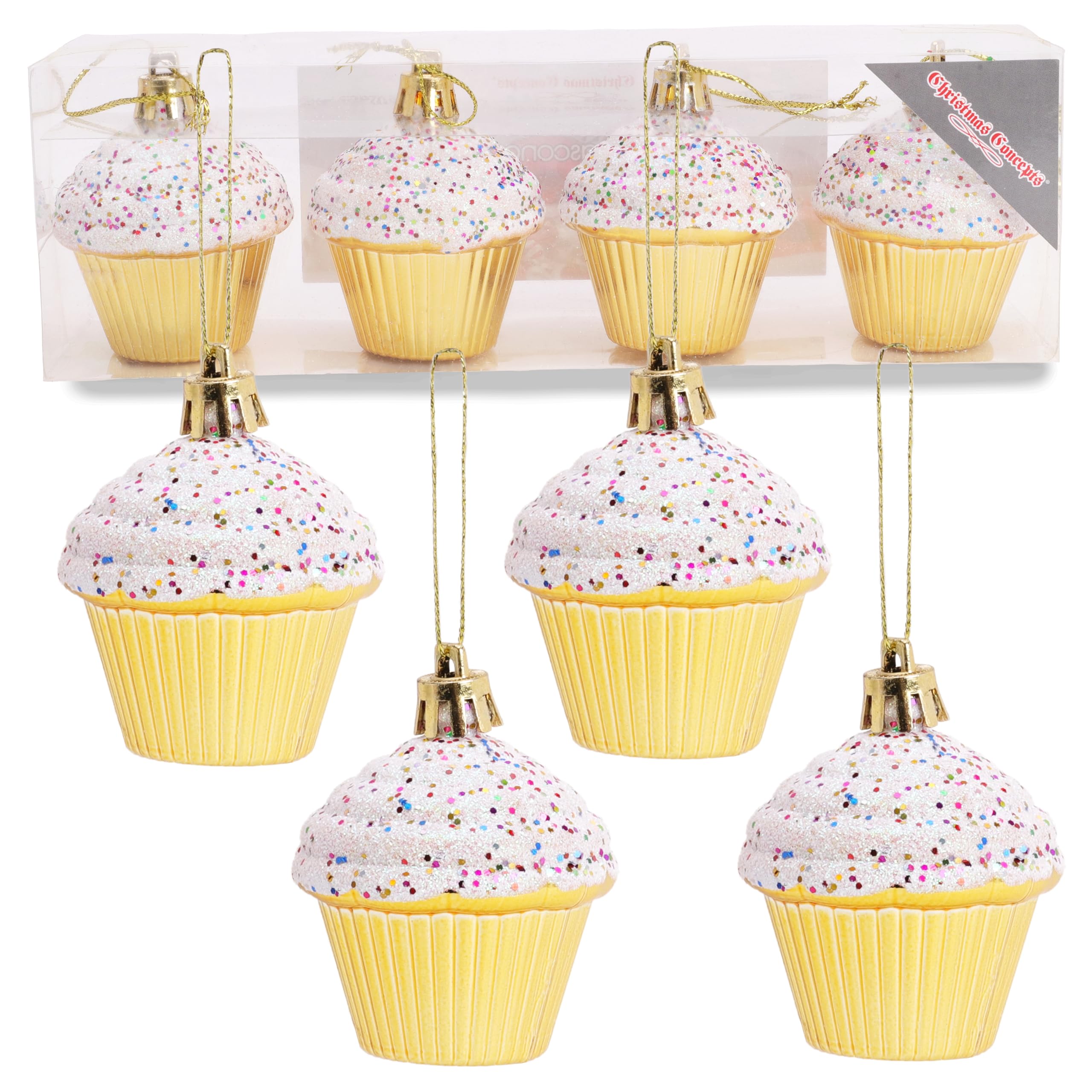 Christmas Concepts® Pack of 4-60mm (2.3") Gold Glittery Festive Cupcake Baubles - Christmas Tree Decorations
