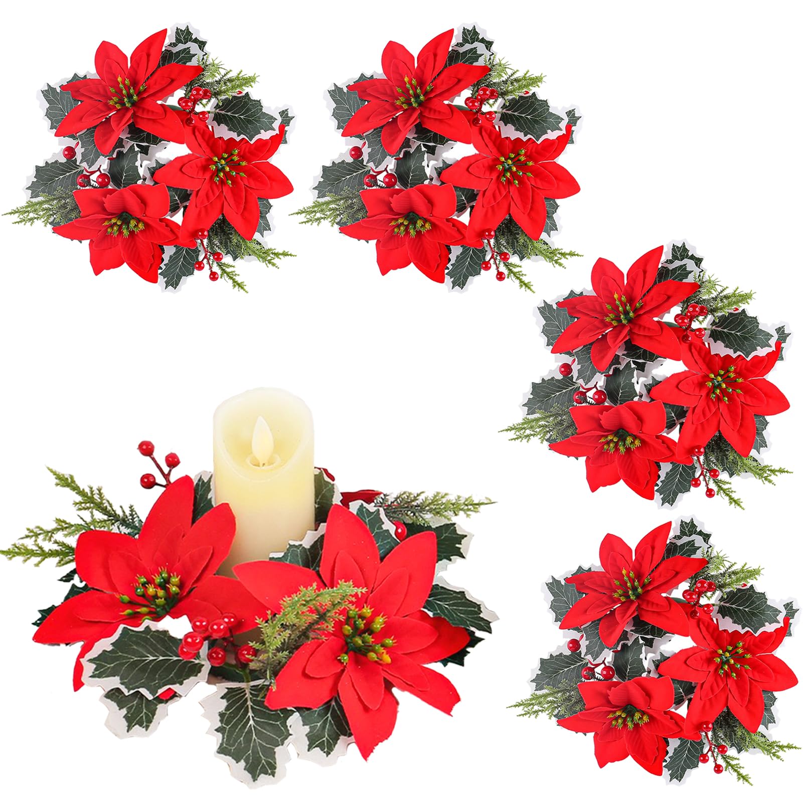 4pcs Christmas Candle Garland Rings, Artificial Poinsettia Candle Rings, Candle Rings for Pillar, Mini Christmas Wreaths for Candle, Christmas Candles