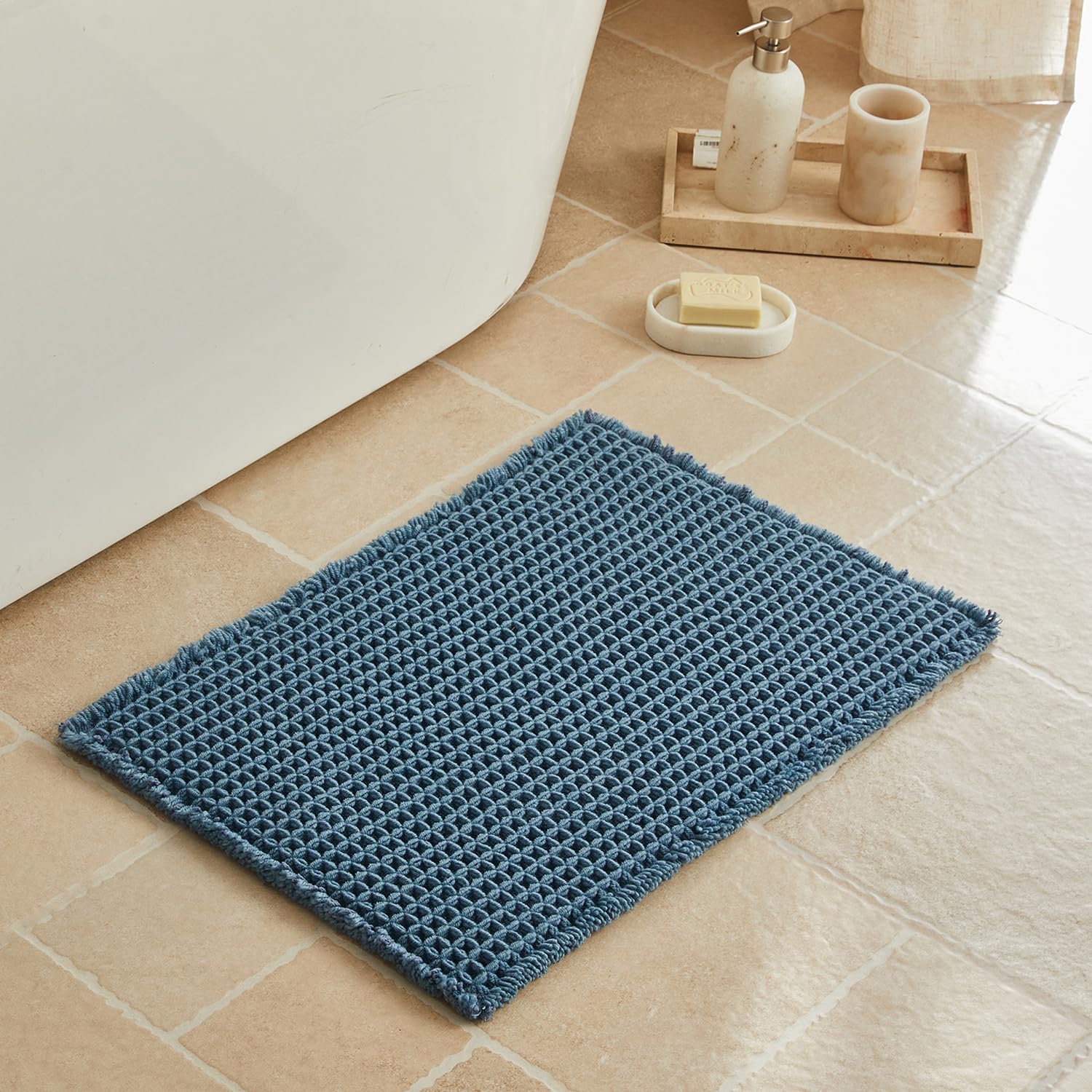 Triohero Waffle Bath Mat, Small Boho Bathroom Rugs Non Slip Washable, Ultra Soft Super Absorbent Quick Dry Farmhouse Bathroom Decor, 16" x 24", Denim