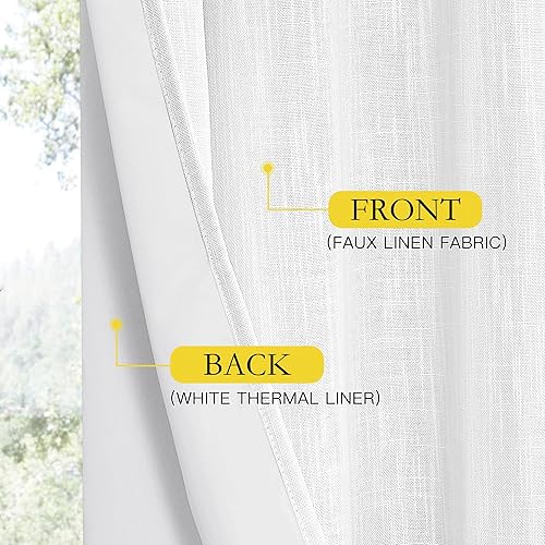 Miniatura 6 de NICETOWN Cortinas de lino 100% absolutamente opacas con forro blanco con aislamiento térmico, blanco, 52 pulgadas de ancho, cortinas largas de 95