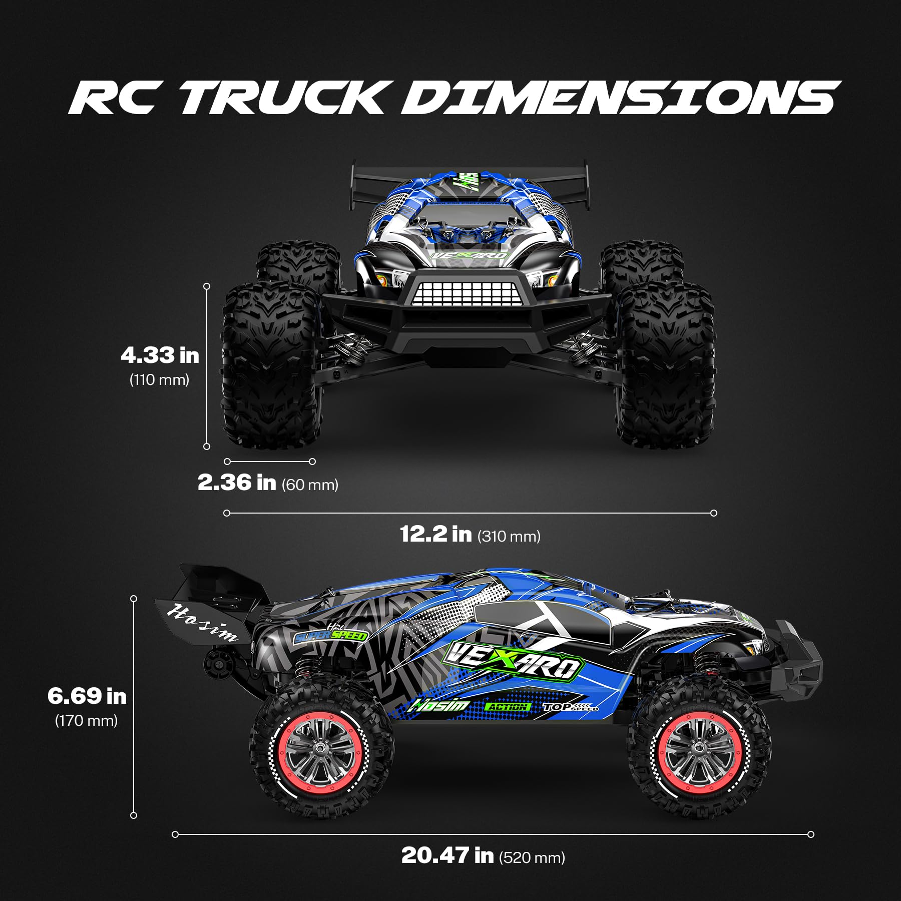 Hosim - Coche teledirigido rápido para adultos 80 km/h, mini camión teledirigido 1:8 con tres diferenciales, 4WD todoterreno impermeable RC Car con 2 baterías 3S