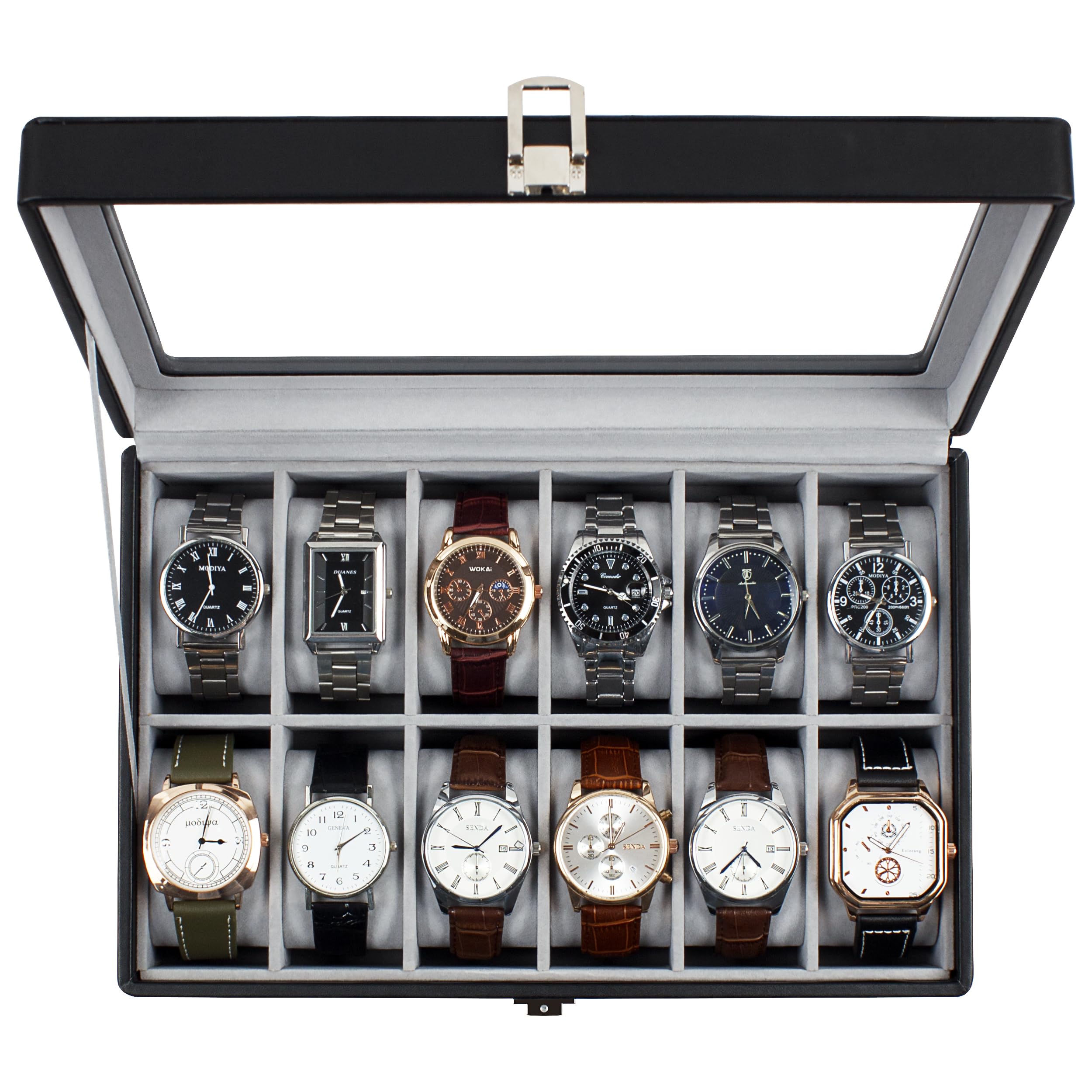 KILHS Watch Box with 12 Slots,Watch Storage Box with Glass Lid,Watch Case with Removable Watch Pillows,Metal Clasp,Gift Idea, Black Synthetic Leather, Grey Lining