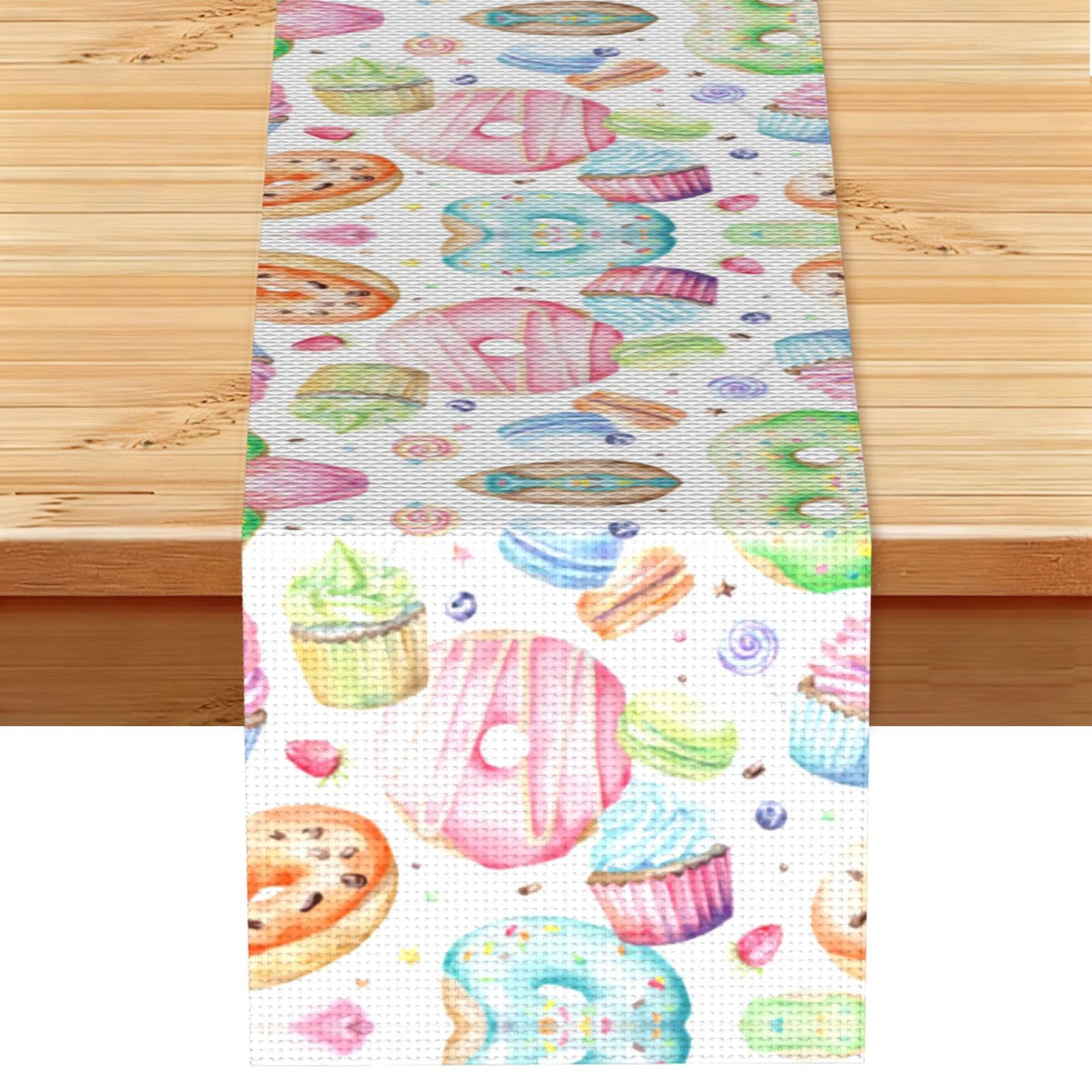 Cupcakes Donuts Muffins Sugar Linen Feel Table Runner Wedding Party Home Decoration